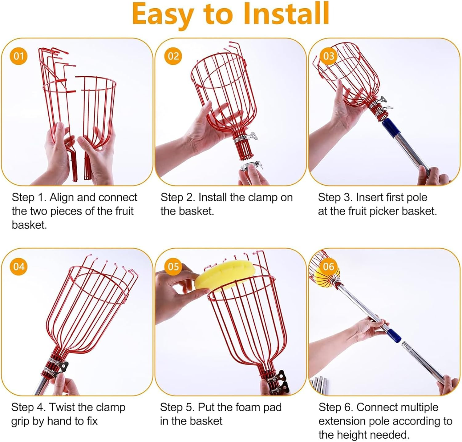 Fruit Picker Pole Tool with Basket Telescoping Long Handle,8 FT Adjustable Stainless Steel Handle,Apple Orange Picker Pole Tool with Basket for Avocado Acorn Lemon Pear Mango Tree Picker image number 4