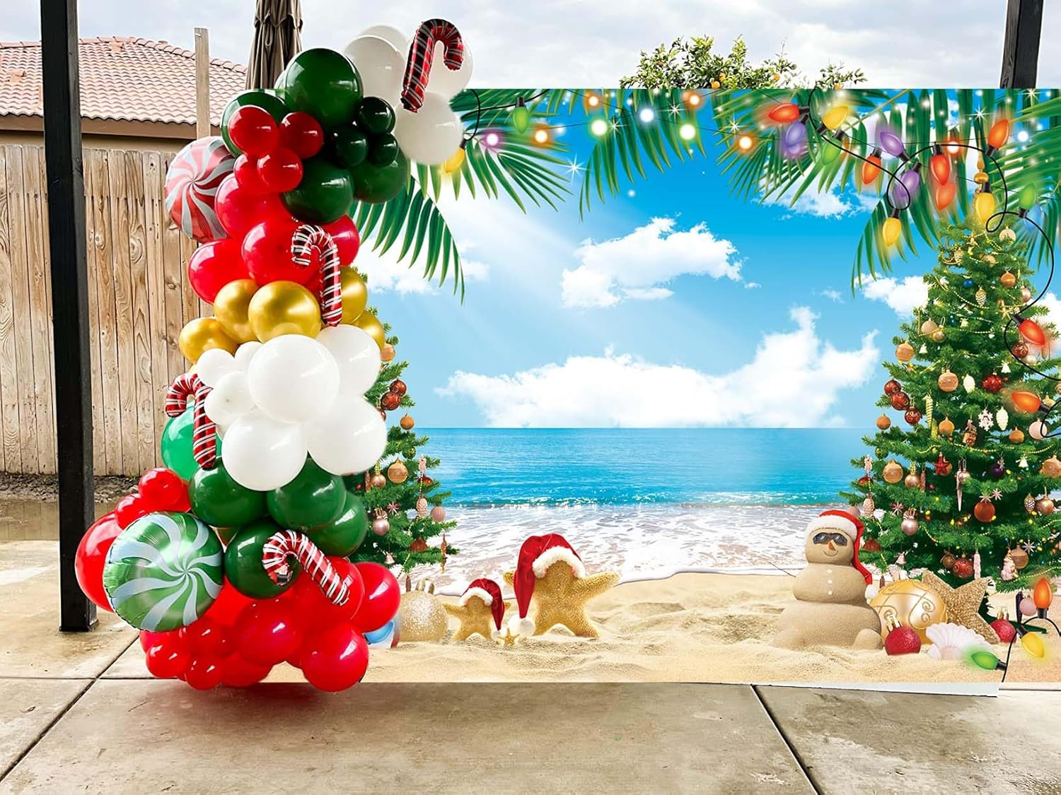 July Christmas Backdrop 7X5Ft Summer Beach Christmas Tree Decoration Photography Background Tropical Hawaiian Party Supplies Photo Props image number 5