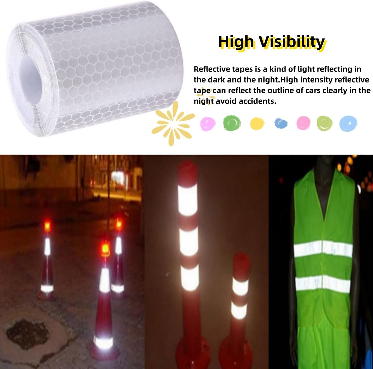 3 Colors Reflective Tapes, Outdoor Waterproof Reflector Night Safety Warning Tapes Stickers Silver, Red, Yellow Reflective Tape for Car Bicycles Clothing Trailer (5CM X 3M) image number 3