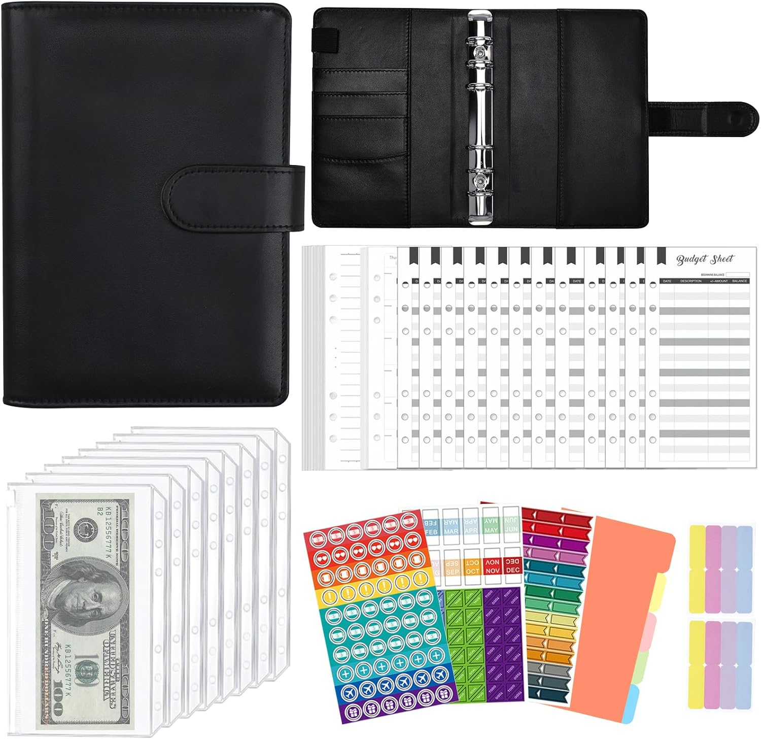 JUNART A6 Budget Binder with Cash Envelopes, Money Saving Binder Budget Wallet with Cash Binder Pocket, Budget Planner, Stickers, Budget Book for Teenager Student Adult(Black) image number 1