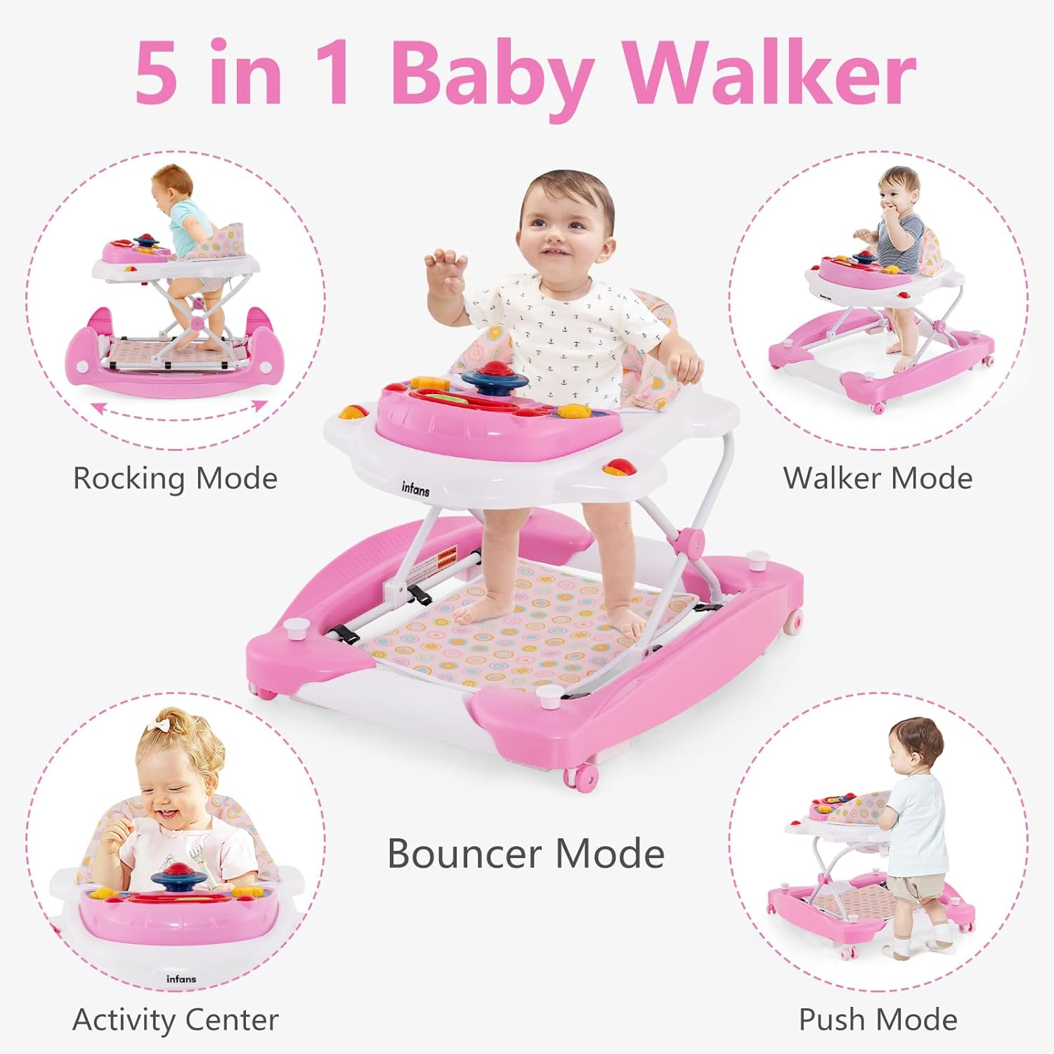 INFANS Baby Walker, 5 in 1 behind Walker Learning Seated Rocker Bouncer with Removable Music Tray, Adjustable Height, Washable Seat Cushion, Foldable Activity Center for Toddlers (Pink) image number 3
