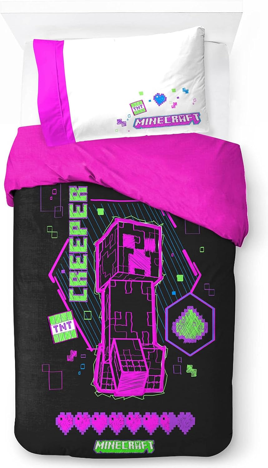 Jay Franco Minecraft Creeper Checkerboard 100% Cotton Bed Linen Set Duvet Cover Set for One Person - Includes 50 X 70 Cm Pillowcase