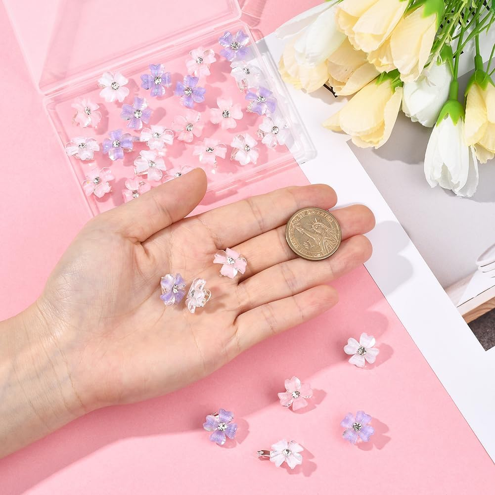SUNNYCLUE 1 Box 30Pcs 3 Colors Four Leaf Clover Hairclip Lucky Hair Pin Mini Resin with Rhinestone White Pink Purple Shiny Hair Clips for Barrettes Braid Decorative Accessories Women Costume Party image number 3