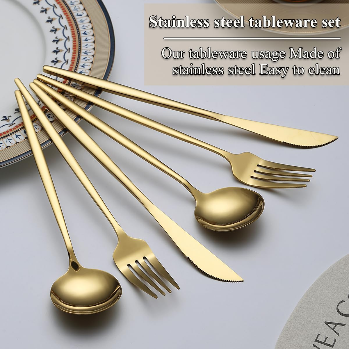 Evanda Gold Cutlery Set 60 Piece Service for 20, Titanium Gold Plated Stainless Steel Flatware Set, Knives Forks Spoons Cutlery Set for Wedding, Parties, Birthday, Restauroom, Dishwasher Safe image number 3