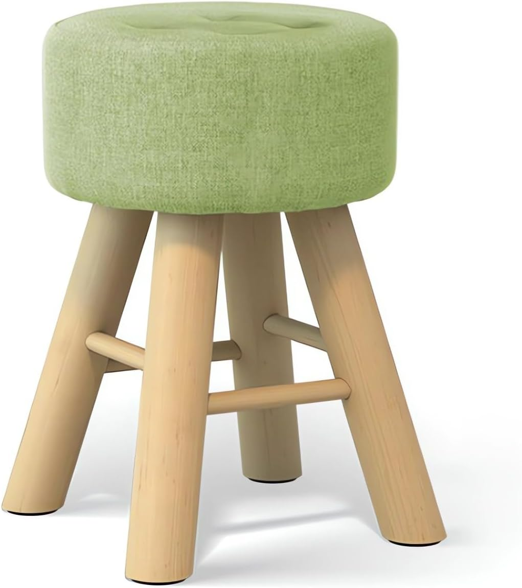 Round Ottoman Footstool, 28 X 28 X 42 Cm, Wooden Legs, Fabric Cushion Top A269 (Green)