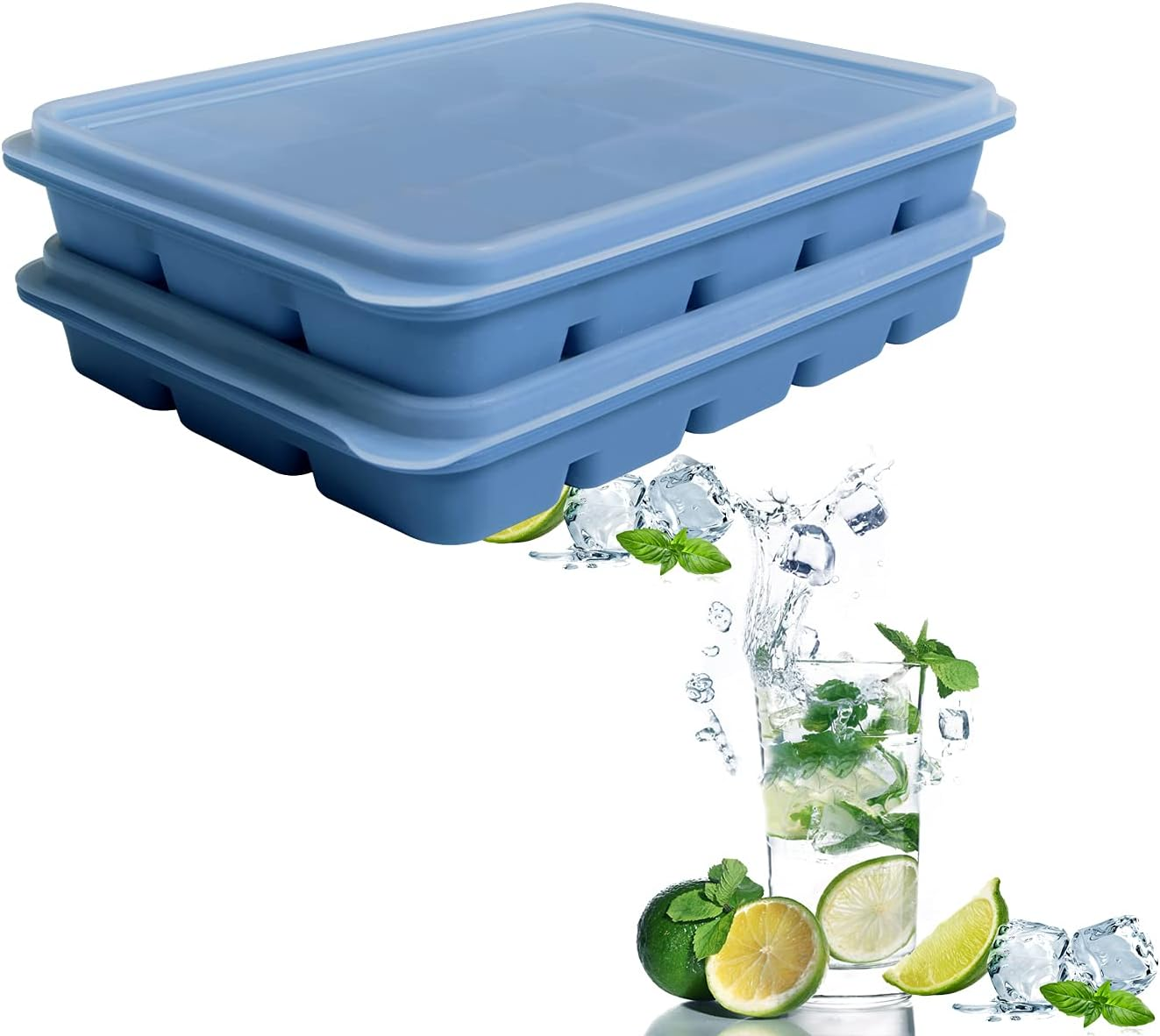 Ice Cube Trays Set of 2, Easy Release 15 Flexible Silicone Ice Cube Molds with Removable Lid Reusable Freezer Ice Trays Stackable for Whiskey, Baby Food, BPA Free (Bamboo Green)