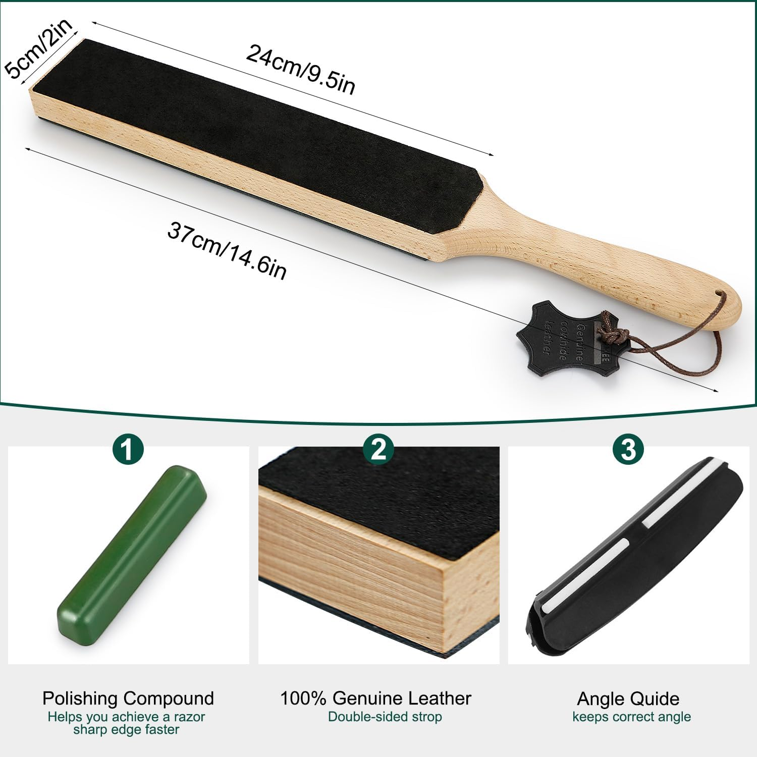 Necomi Double-Sided Leather Strop (Genuine Cowhide)- 14.6 ''X 2'' Sharpening Block Set with Polish & Clip, Stropping Leather Knife Sharpener with Ergonomic Handle, Stropping Kit