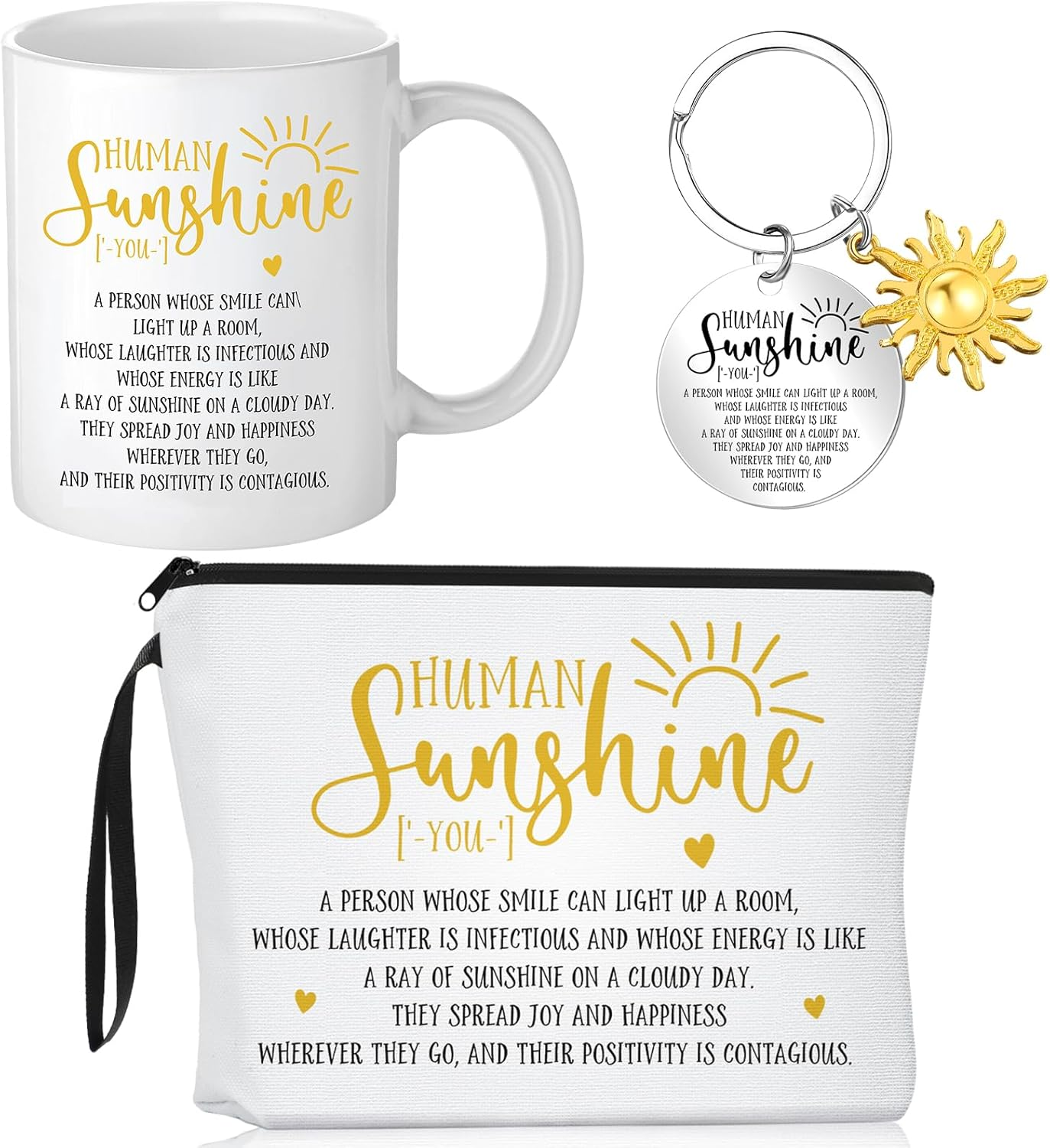 Crtiin 3Pcs Human Sunshine Makeup Bag Gifts Sets Inspirational Thank You Gifts for Woman Human Sunshine Makeup Bag 11.2 Oz Novelty Coffee Mug Keychain Christmas Birthday Gifts Coworker Gifts, as The image number 1