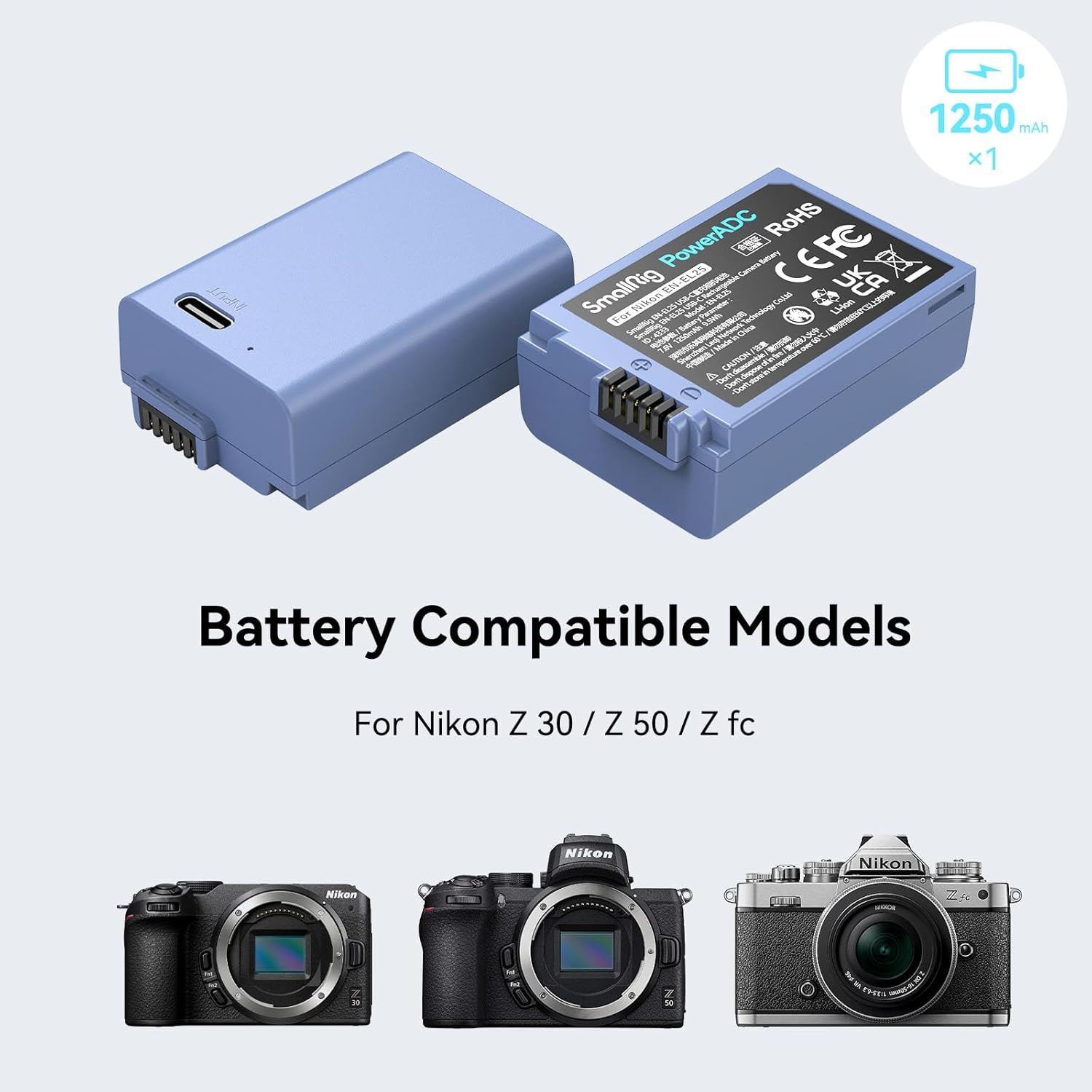 Smallrig EN-EL25 1250Mah Camera Battery for Nikon Z30 / Z50 / Zfc, USB-C 1.75H Fast Charging Rechargeable Camera Battery for Nikon Z30, Z50, Zfc, Fits for Nikon Charger MH-32-4333 image number 6