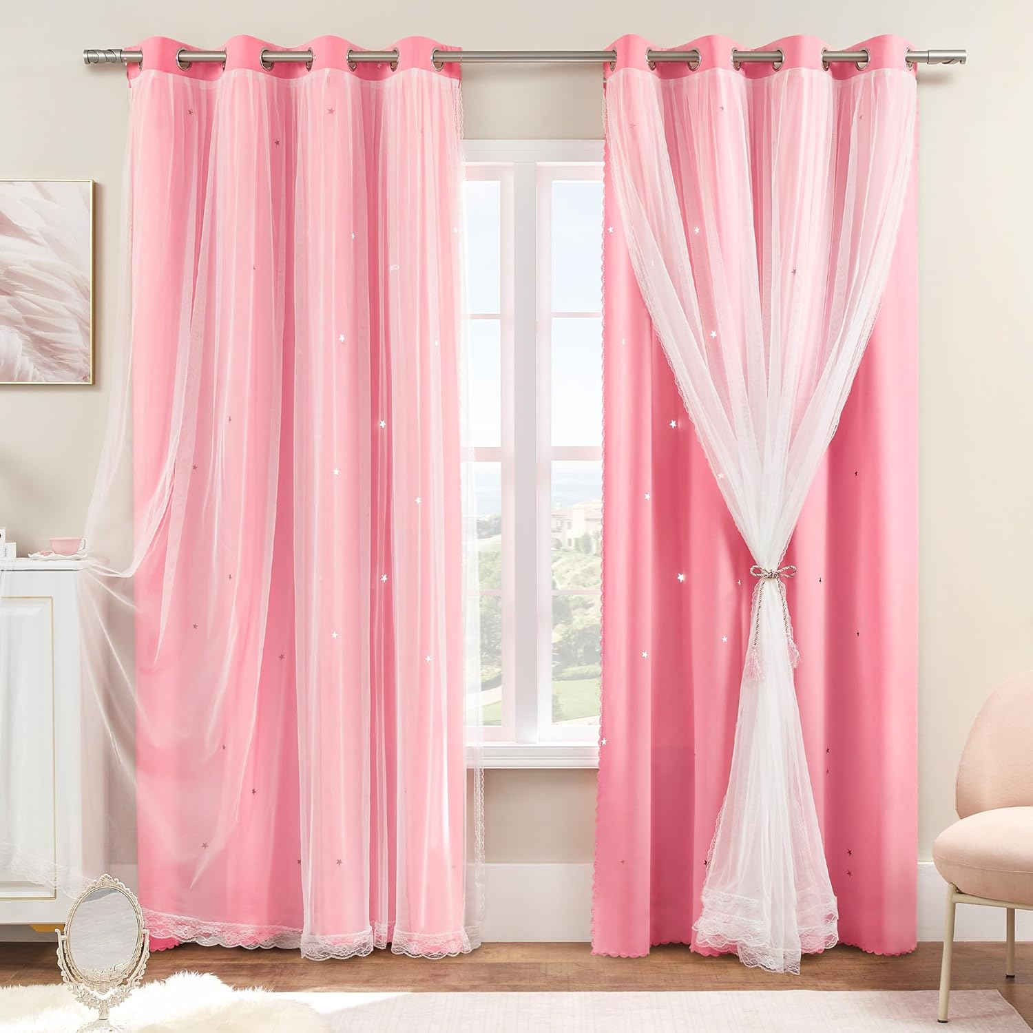 Xidi Curtains for Girls Bedroom 2 Panel Set, Thermal Insulated Window Ombre Panels, Rainbow Pink Drapes for Kids Room Unicorn Wall Decals, Black Out Curtains 160Cm Long Pink/Purple/Green W132 X L160