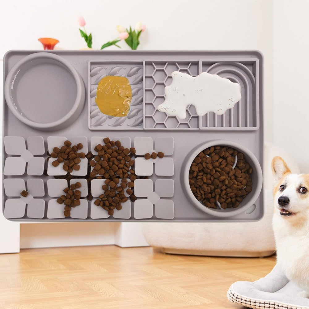 Pet Slow Feeder Bowl and Lick Mat Set, Snuffle Mat with Suction Cups, Interactive Puzzle Toy for Dogs and Cats, Grey