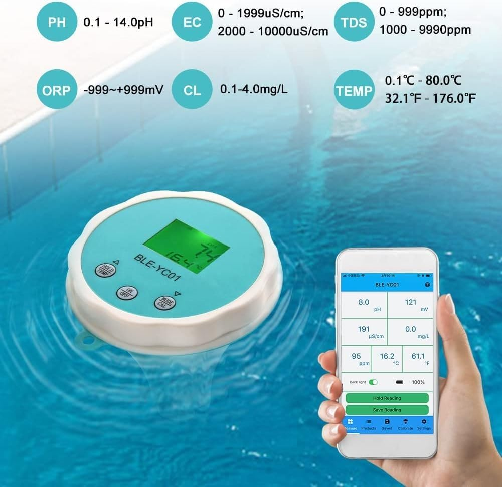 Pool Water Quality Tester Bluetooth Pool Monitor Digital Temp Chlorine, 6 in 1 Pool Thermometer, PH CL EC TDS ORP Temperature for Swimming Pool, Aquarium, Laboratory image number 2