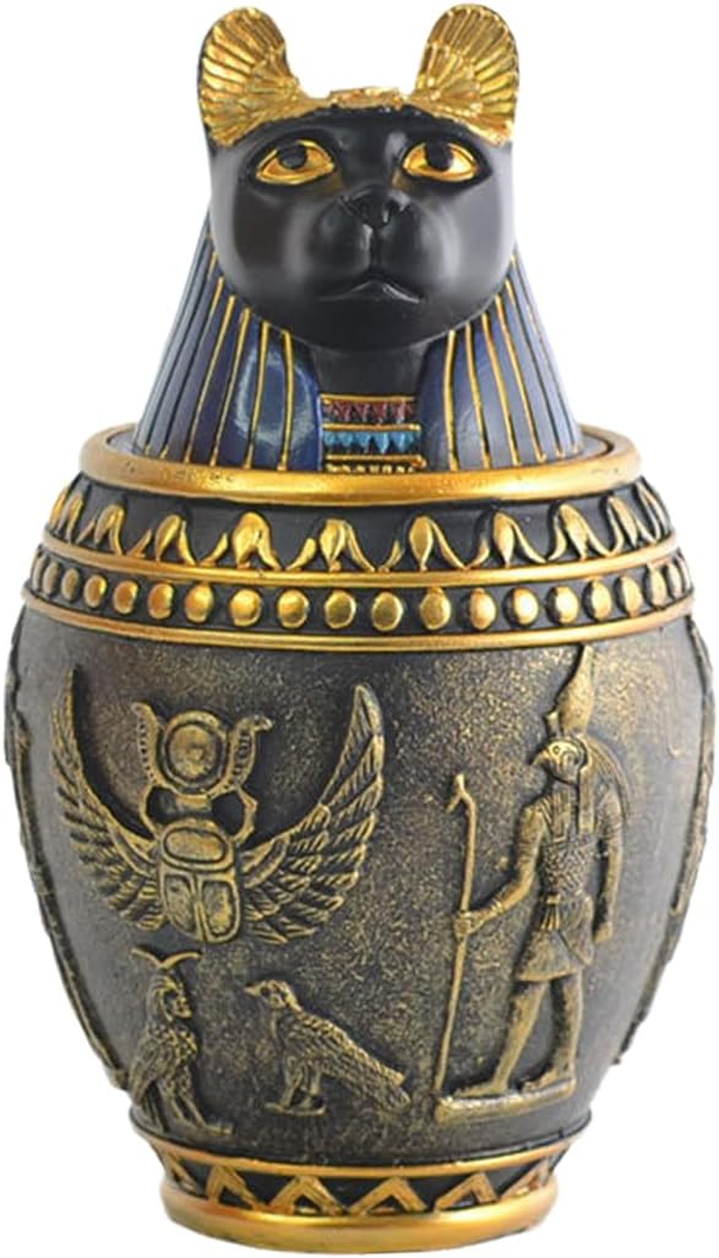 AIMALL Egyptian Cat Decorative Urn, Resin Anubis Jar with Lid, Vintage Style Pet Memorial, Internal Storage, 7.28In