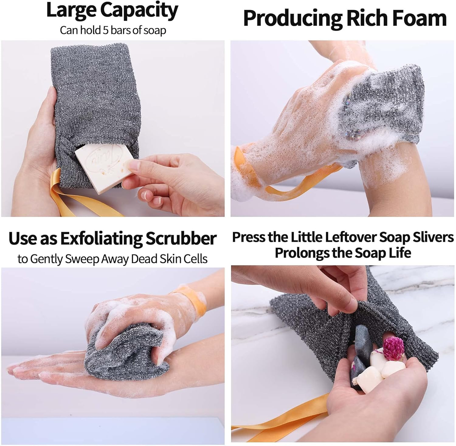 Antimbee 6-Pack Soap Pocket Exfoliating Soap Saver Pouch, Body Scrubber Rough Sponge Exfoliator for Bath or Shower, Gray Mesh Bar Soap Foam Lather Pouch image number 5
