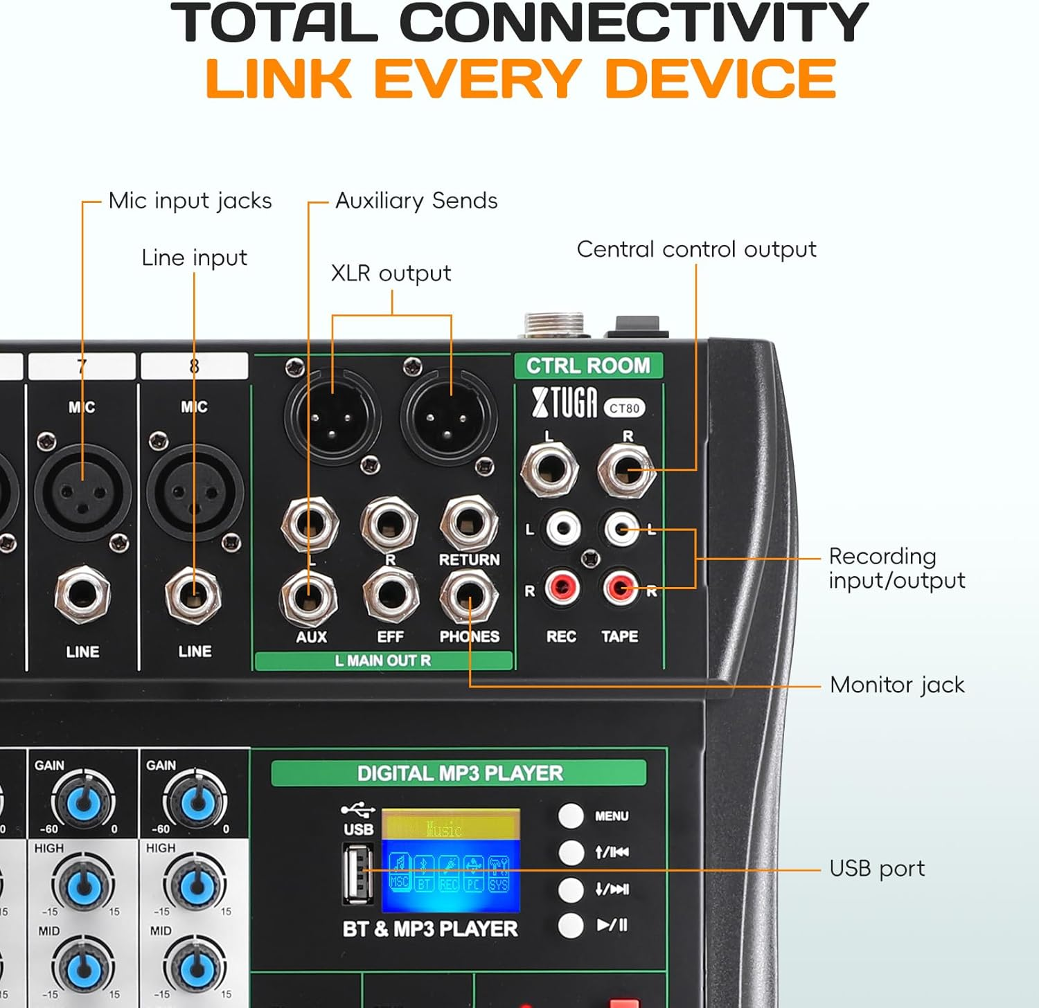 XTUGA CT80 8 Channel Audio Mixer for PC Recording Professional Sound Board Built-In Digital Effect Studio Mixer with 48V Phantom Power RCA Input Output Mp3Bluetooth EQ image number 1