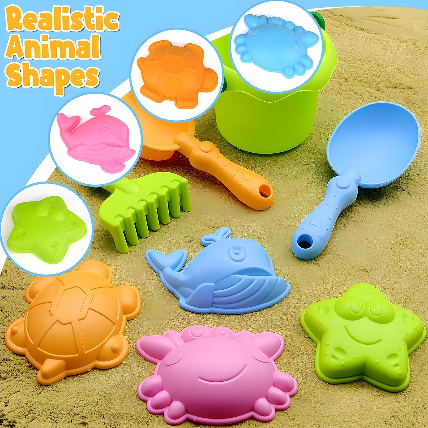 8 Pcs Buckets and Spades Beach Sand Pit Toys for Kids, Beach Water Play Sandbox Toys Set with Mesh Bag Sand Molds Shovel for Kids Boys Girls Travel Summer Outdoor image number 5