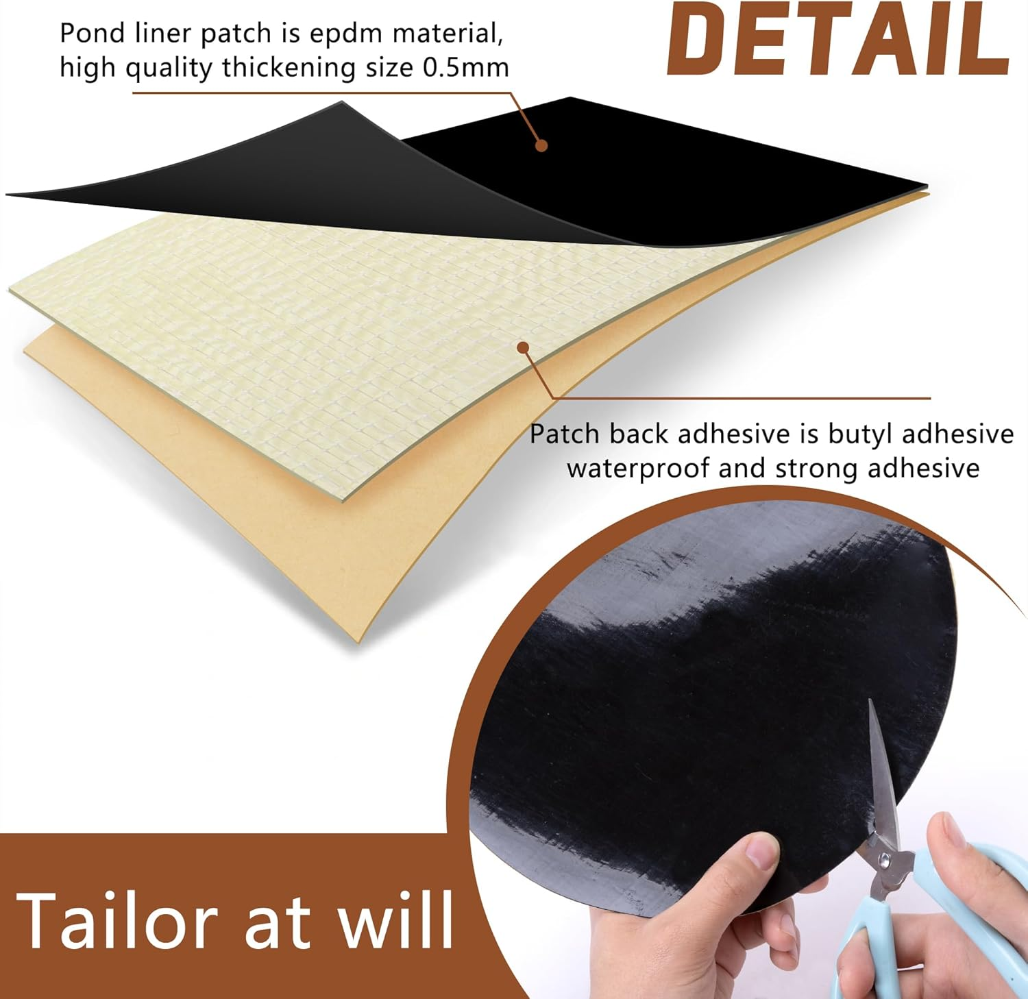 Adnee 2 Pcs Pond Liner Repair Patch-10 Inches round Self-Adhesive EPDM Liner Repair Patch Kit-Thickened Rubber Pond Liner Seam for EPDM Garden Pond Patch Cover Repair - 10Inch-Square image number 2