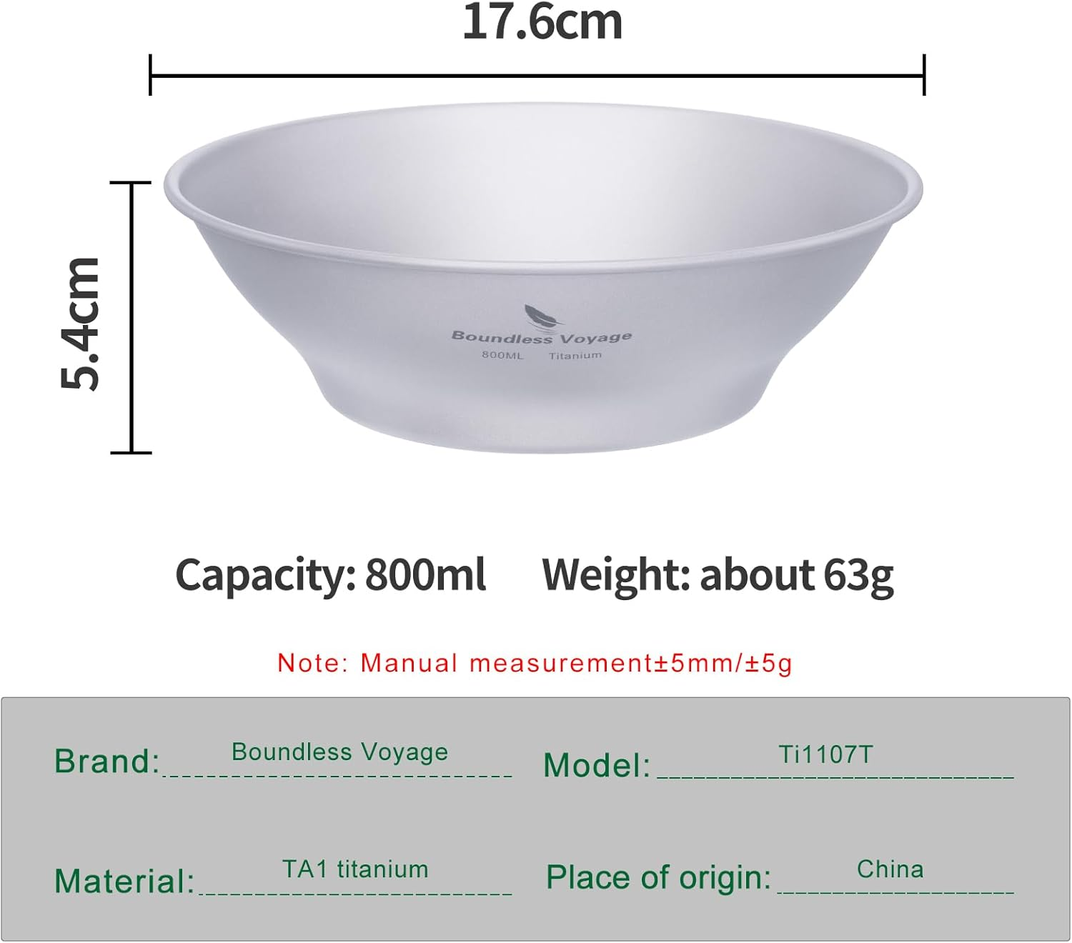 Boundless Voyage Ti15165B Titanium Plate Plate Outdoor Camping Tableware Outdoor Bowl Titanium Tableware and Utensils Measuring Kit for Camping Backpack