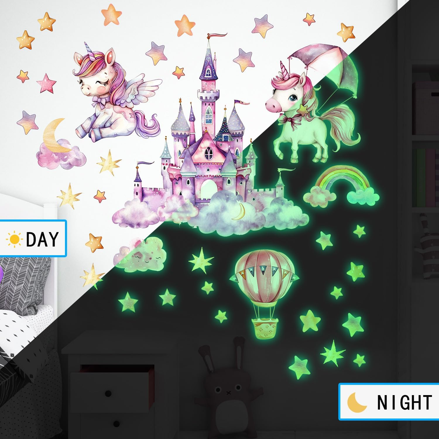 Glow in the Dark Unicorn Wall Decals, Glowing Castle Moon Star and Rainbow Stickers, Luminous Ceiling Decor for Kids Bedroom, Girls Gift (Unicorn Wall Decal)