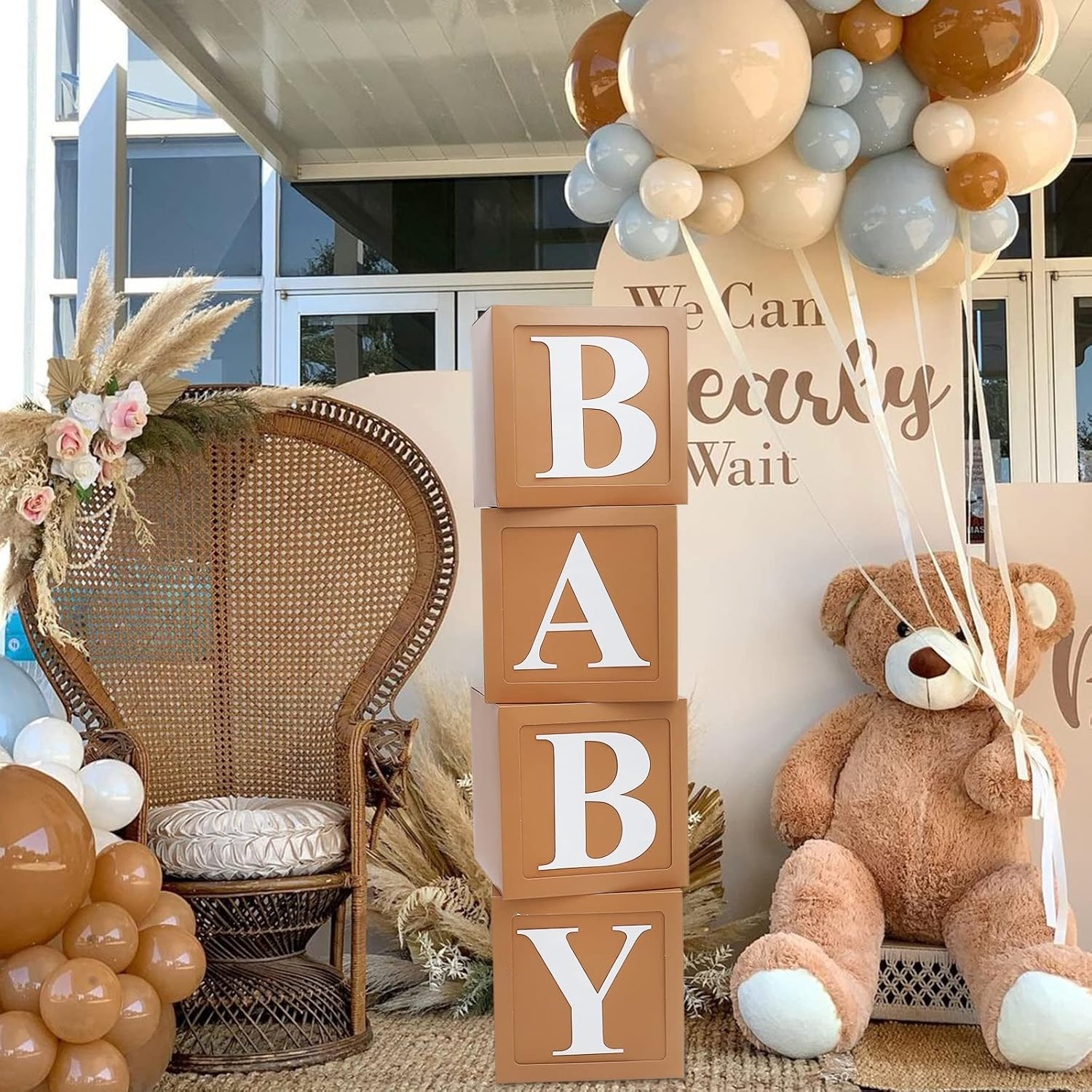 Teddy Bear Baby Shower Boxes Decorations, 4Pcs Brown Baby Shower Blocks with Letters, Stereoscopic Babyshower Balloon Boxes for Woodland Baby Shower Decor Boys Girls Gender Reveal Backdrop image number 2
