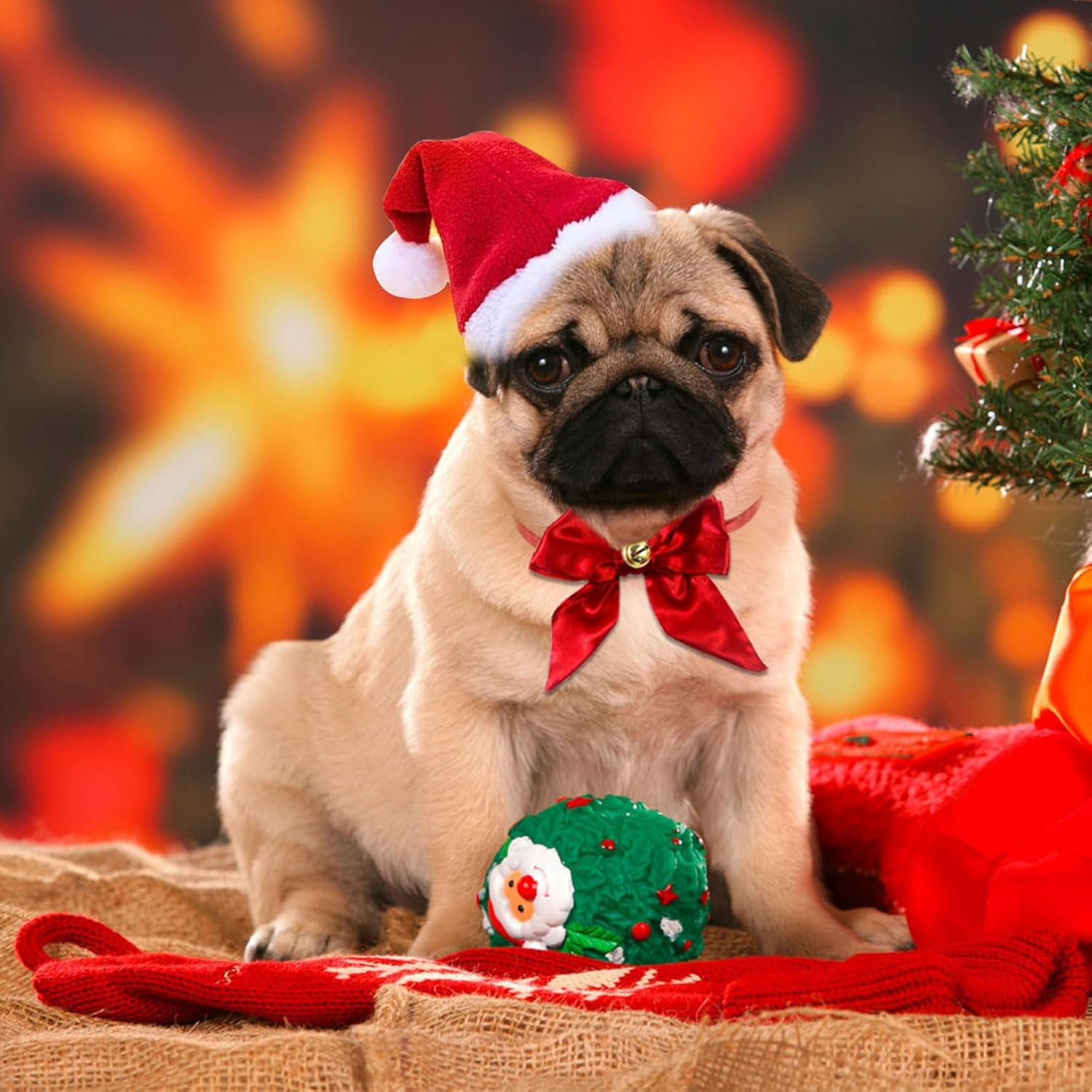 Pack of 2 Christmas Dog Costume, Dog Christmas Hat, Christmas Hats for Cats, Collar Christmas Costume Accessory Set, Adjustable Size Pet Hat for Cats, Puppies, Small Dogs image number 4