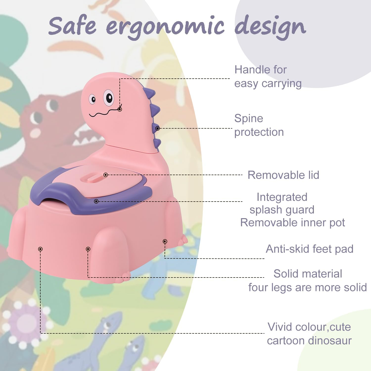 Kaiounni Toddler Potty Seat &ndash; Comfortable Dinosaur Design Toilet Trainer with Non-Slip Mat, Backrest, Soft Lid, and Portable for Boys & Girls Aged 1-6, Safe Potty Training Seat (Pink) image number 5