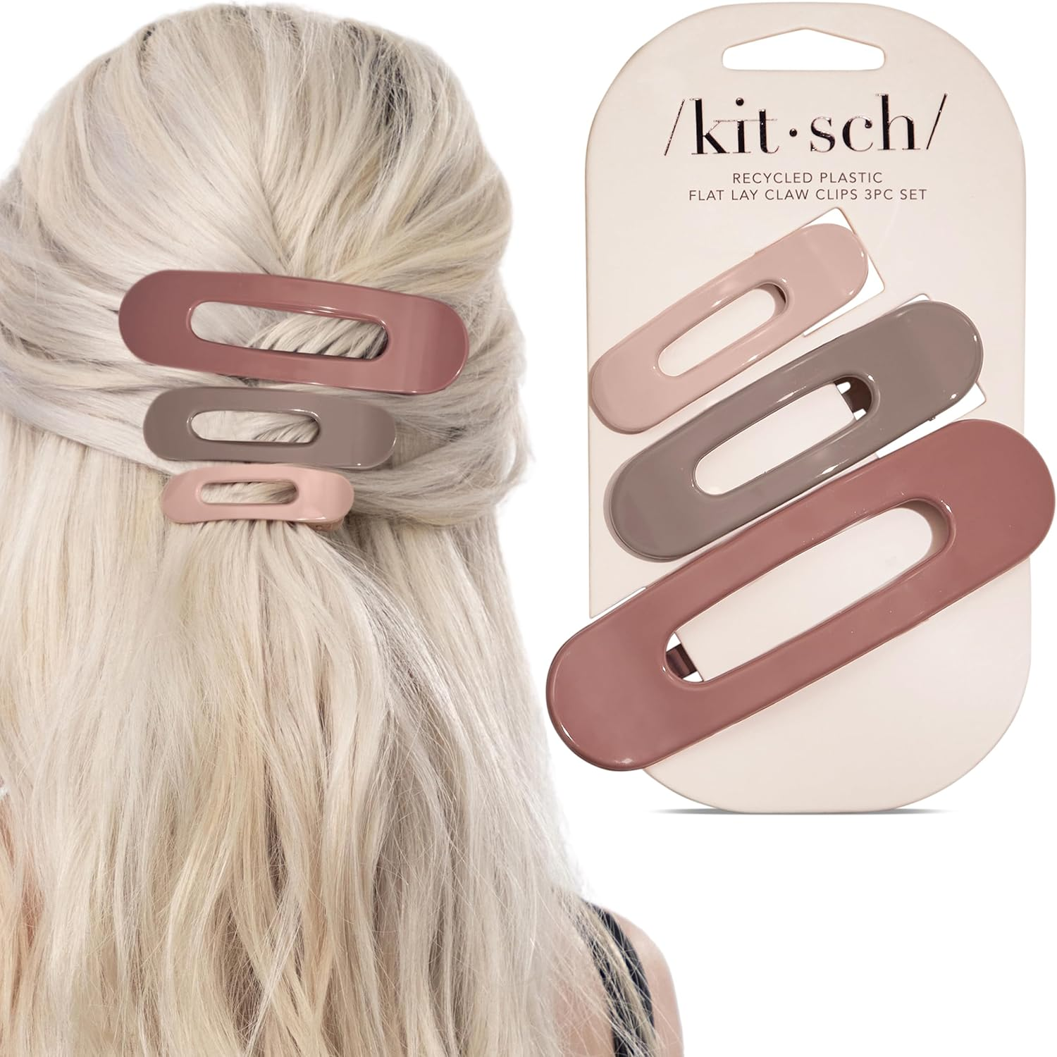 Kitsch 3Pc (Terracotta) Flat Hair Clips for Women, Recycled Lay Flat Claw Clips for Thick Hair, Flat Hair Claw Clips,Flat Claw Clips for Thin Hair, Flat Clips for Hair, Hair Accessories for Girls