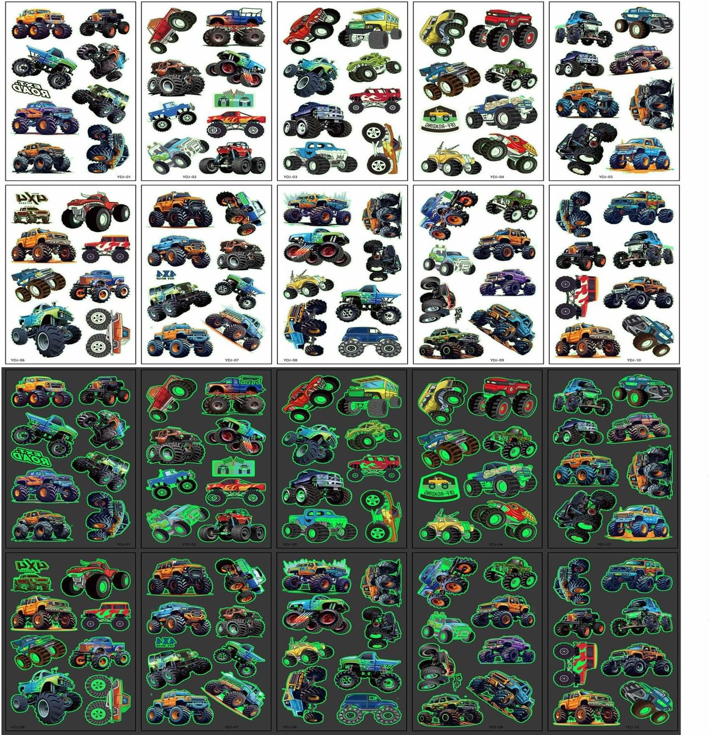 Dinosaur Temporary Tattoos for Birthday, 10Pcs Dino Cartoon Glow in the Dark Tattoos, Waterproof Fake Tattoos Body Face Stickers Decorations, Birthday Party Favor Supplies Gifts Dino