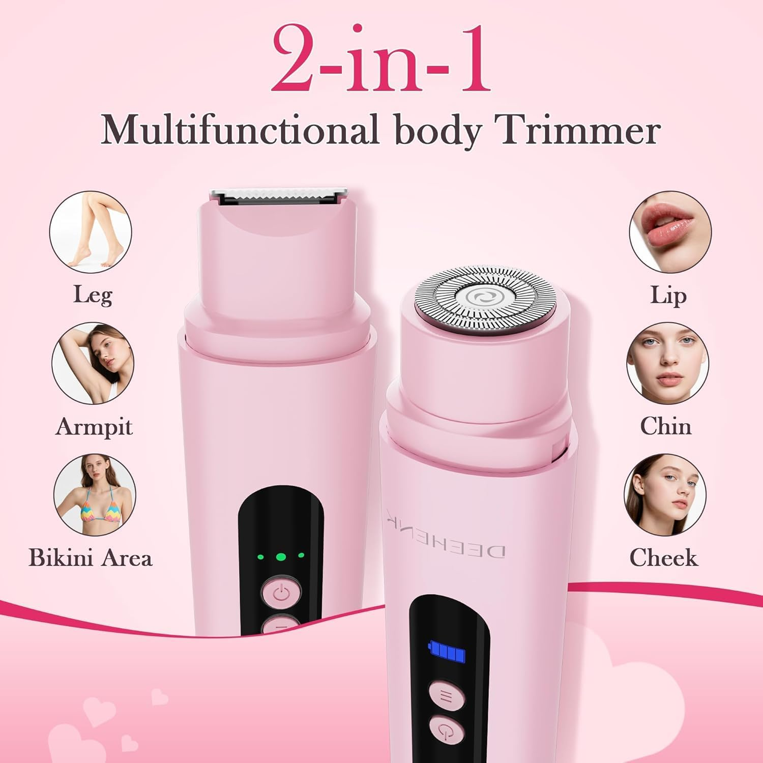 Bikini Trimmer Razors Shaver for Women,2-Speed Electric Razor for Pubic Hair Dual Head Shaver Women IPX7 Waterproof Rechargeable Lady Trimmer for Bikini Underarm Body Leg Face Pink image number 2