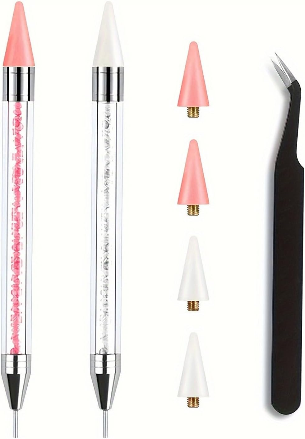 JANGJANG 2 Pcs Rhinestone Picker Tool Set, Acrylic Handle Bedazzler Kit, Dual-Ended Nail Art Tools with 4 Wax Tips and 1 Tweezer, DIY Nail Accessories for Rhinestones Application and Design image number 3