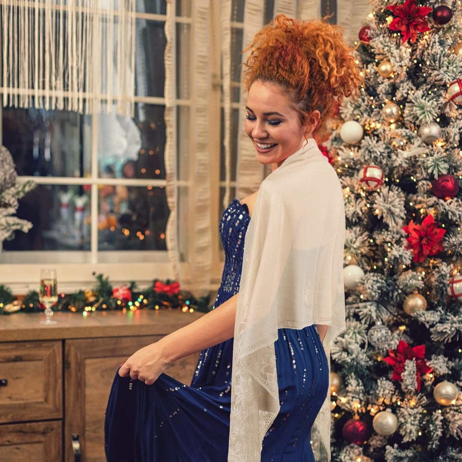 Pashmina Shawls and Wraps - Chiffon Shawl Wedding Evening Scarf for Women - Beige-B image number 2