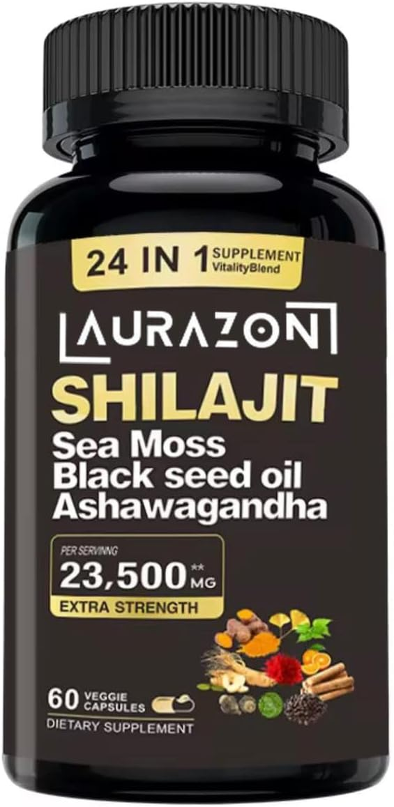 Aurazon Pure Himilayan Shilajit Enriched with Ashwagandha,Sea Moss,Black Seed Oil & Rhodiola Rosea, High Strength 23500 Mg Shilajit Complex Capsules with 2 Months Supply for Both Men and Women image number 3
