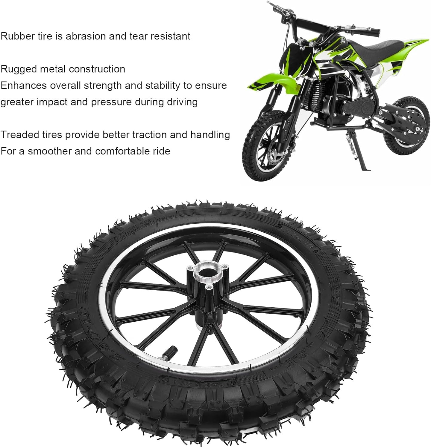 2.5-10 Front Wheel Hub Tire with Inner Tube, 10Inch Rubber Metal Structure Wheel Hub Tyre for Small off Road Motorcycles, Front Rear Wheel Rim Tire Replacement Parts (Black) image number 3