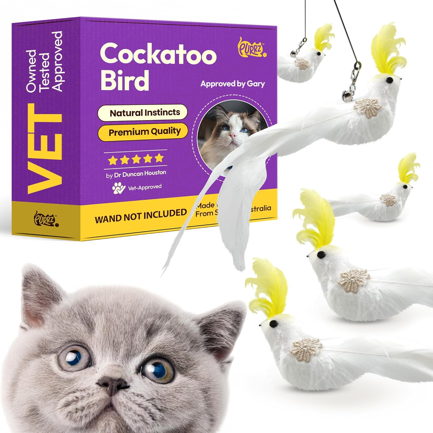 PURRZ Feather Toy Attachments for Cats, 5-Pack &ndash; Natural Cockatoo-Like Bird Feather Refills for Interactive Cat Play &ndash; Safe and Durable Indoor Cat Toys image number 4
