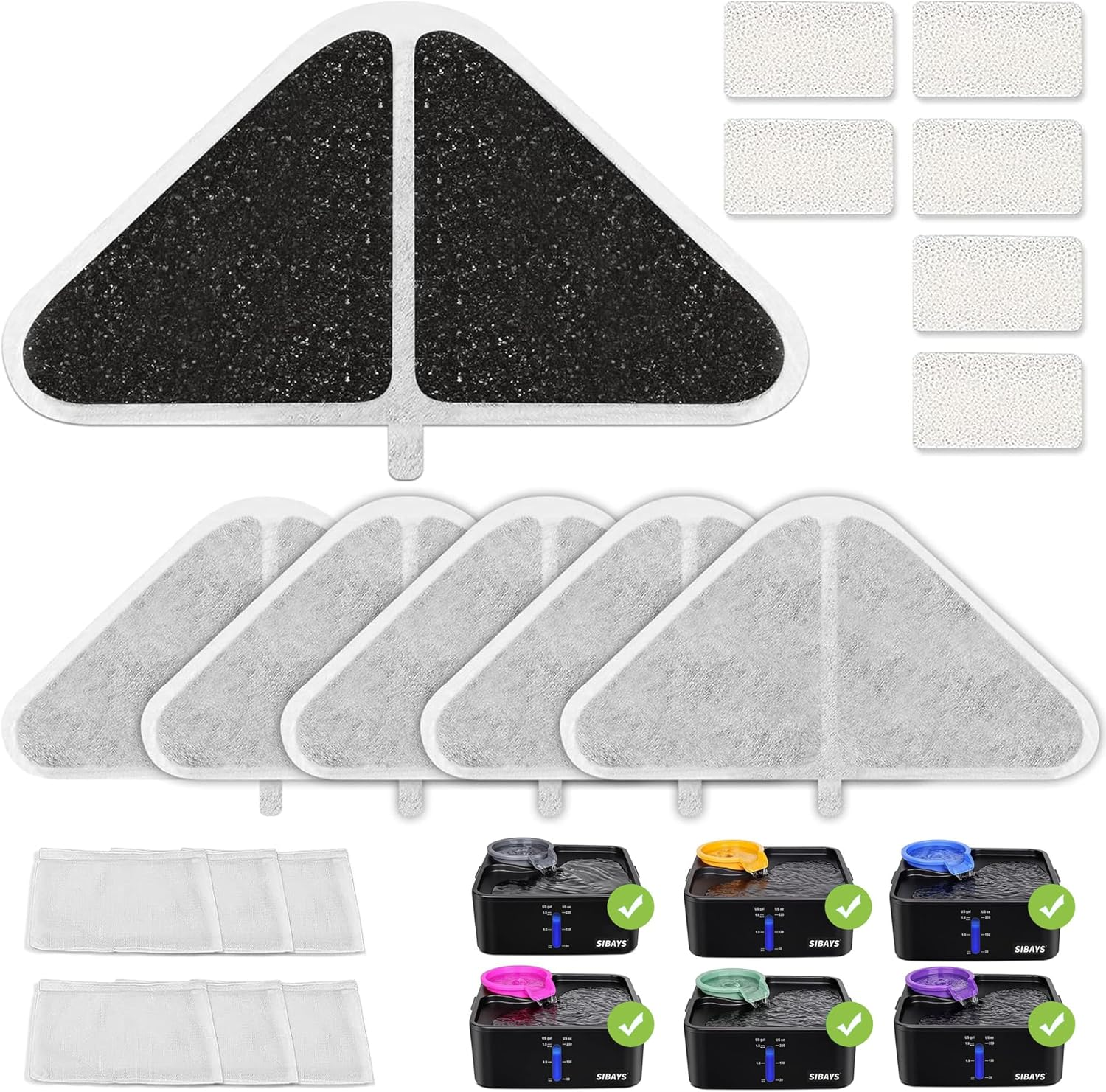 SIBAYS 6 Pack Cat Water Fountain Filter Replacement 【Filter&Sponge&Filter Bag】 for 5 Layers Filtration System 230Oz/7L Pet Water Fountains,Coconut Shell Activated Carbon and PP Cotton