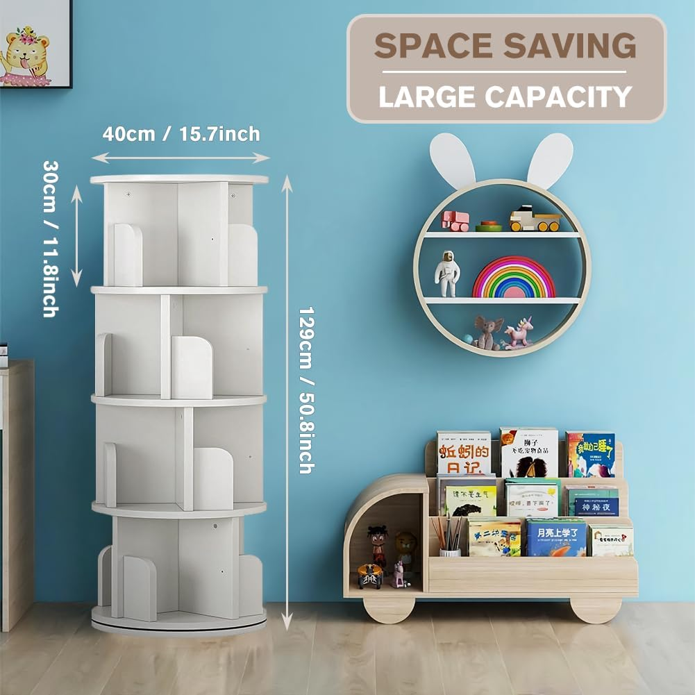 4 Tier Rotating Stackable Shelves Display Bookshelf Organizer Floor Standing Corner Narrow Revolving Bookcase for Living Room, Bedroom (White) image number 2