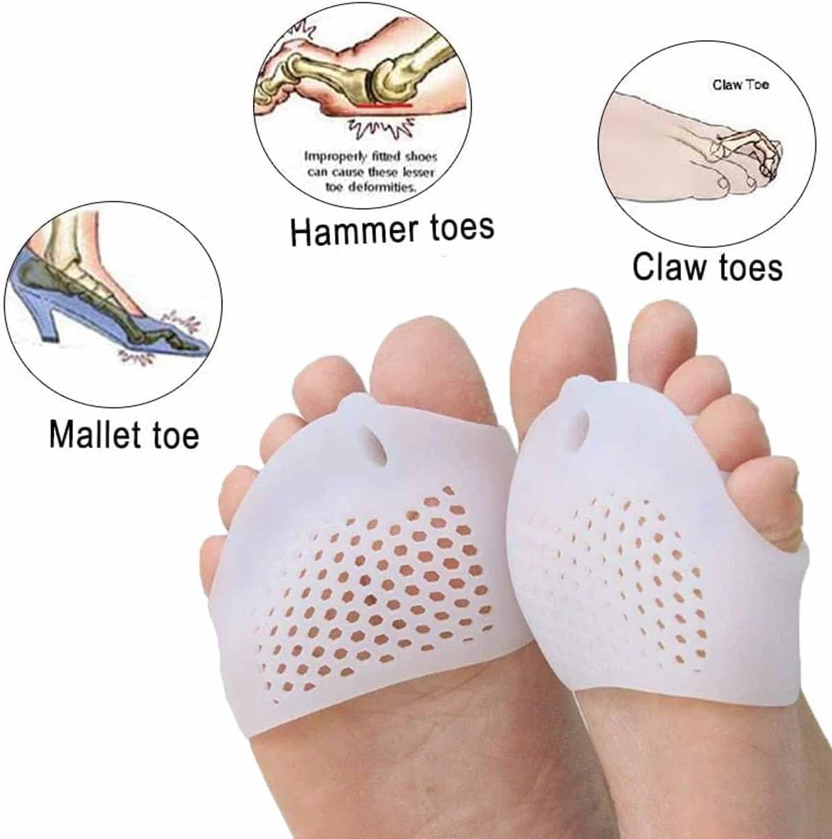Metatarsal Pads with Gel Bunion Corrector Cushion, 4 Pieces Toe Spacers, Ball of Foot Cushions, Soft&Breathable for Women& Men