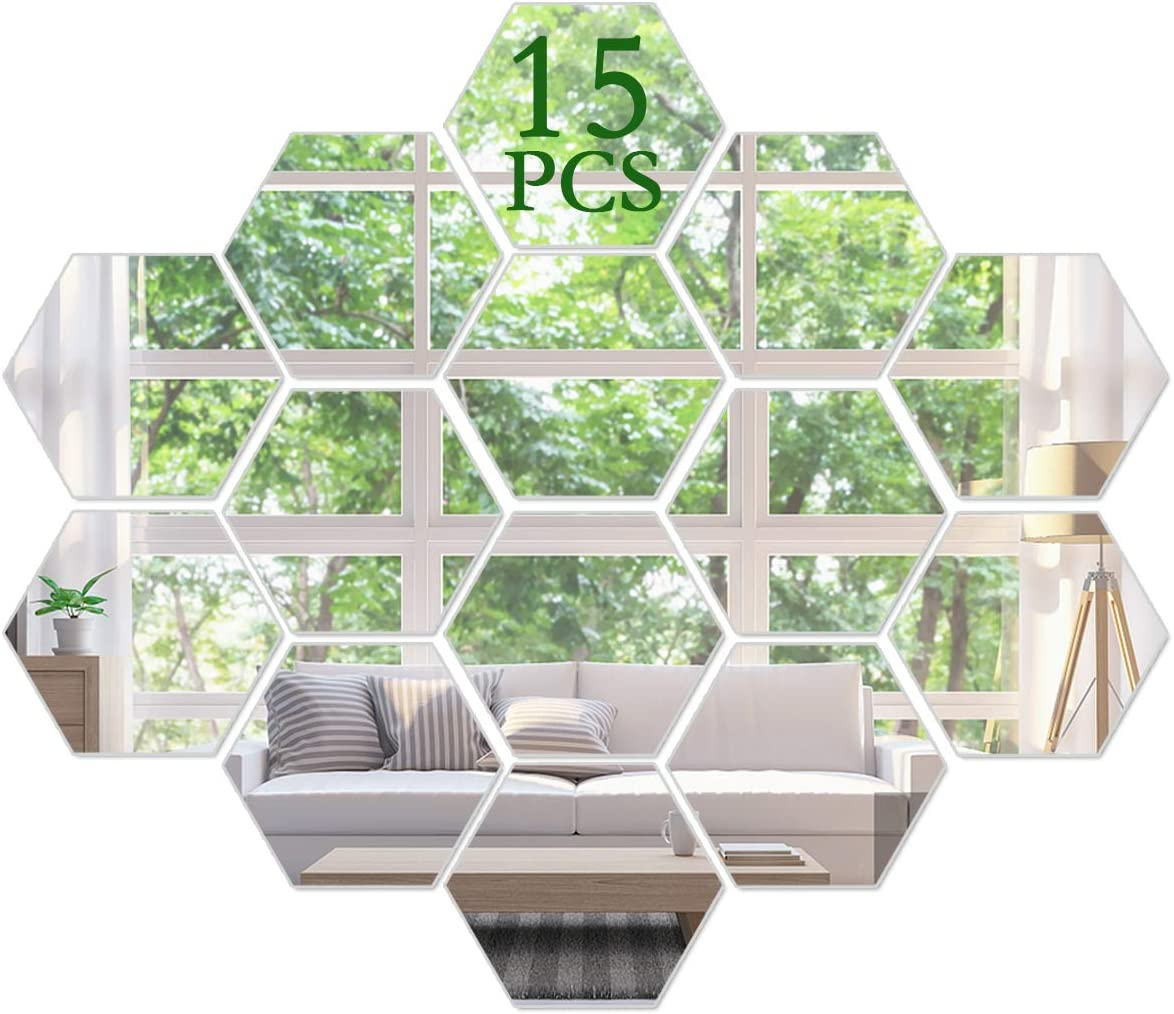 Mirror Wall Stickers Non Glass Mirror Plastic Mirror 3D Hexagon Acrylic Mirror Wall Decor Self Adhesive Tiles (15 PCS)