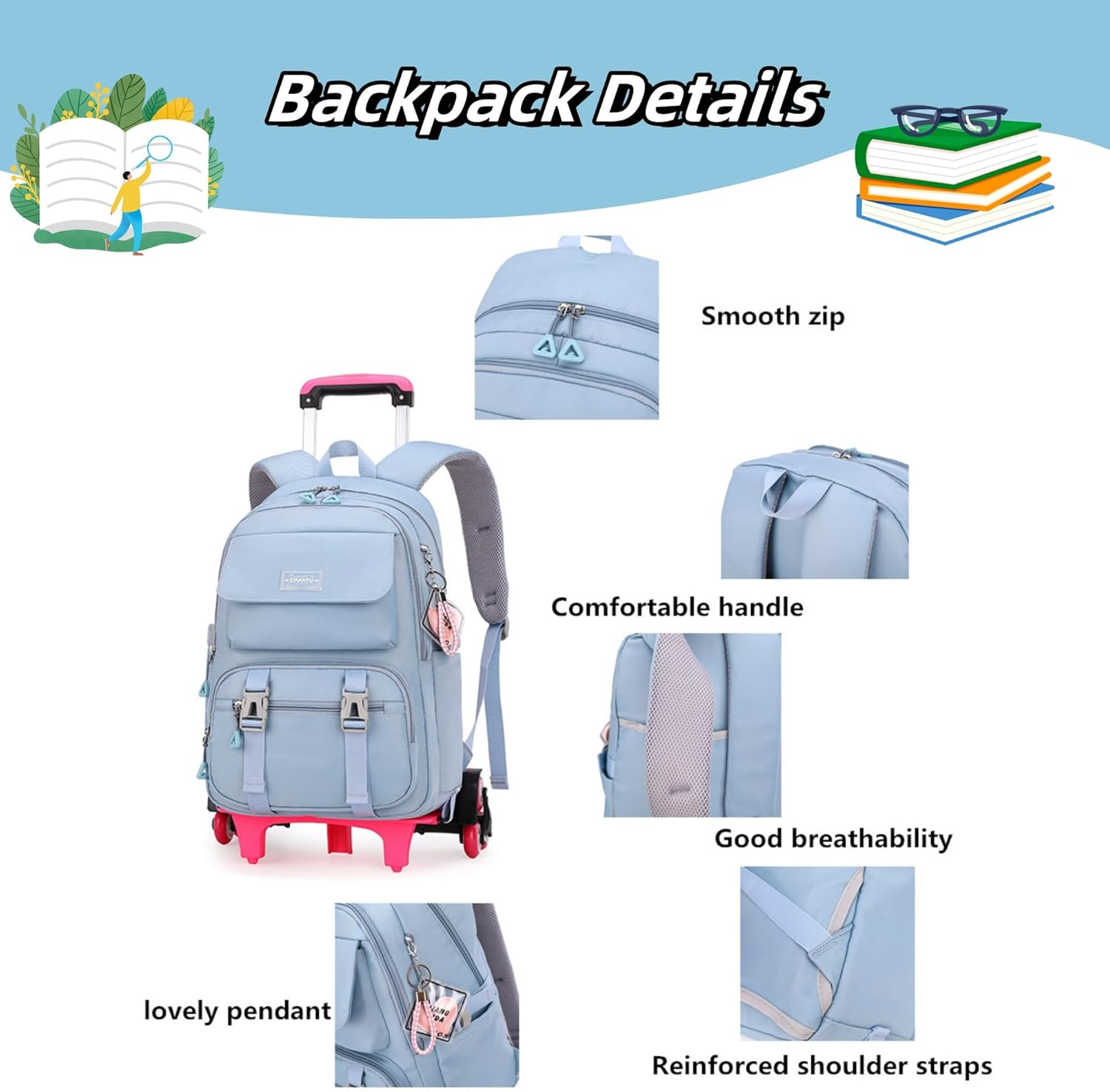 ZHANAO Rolling Backpack Luggage Bookbag with Wheels Trolley Bag Wheeled Travel Backpack for Girls & Boys Trolley Bag image number 4