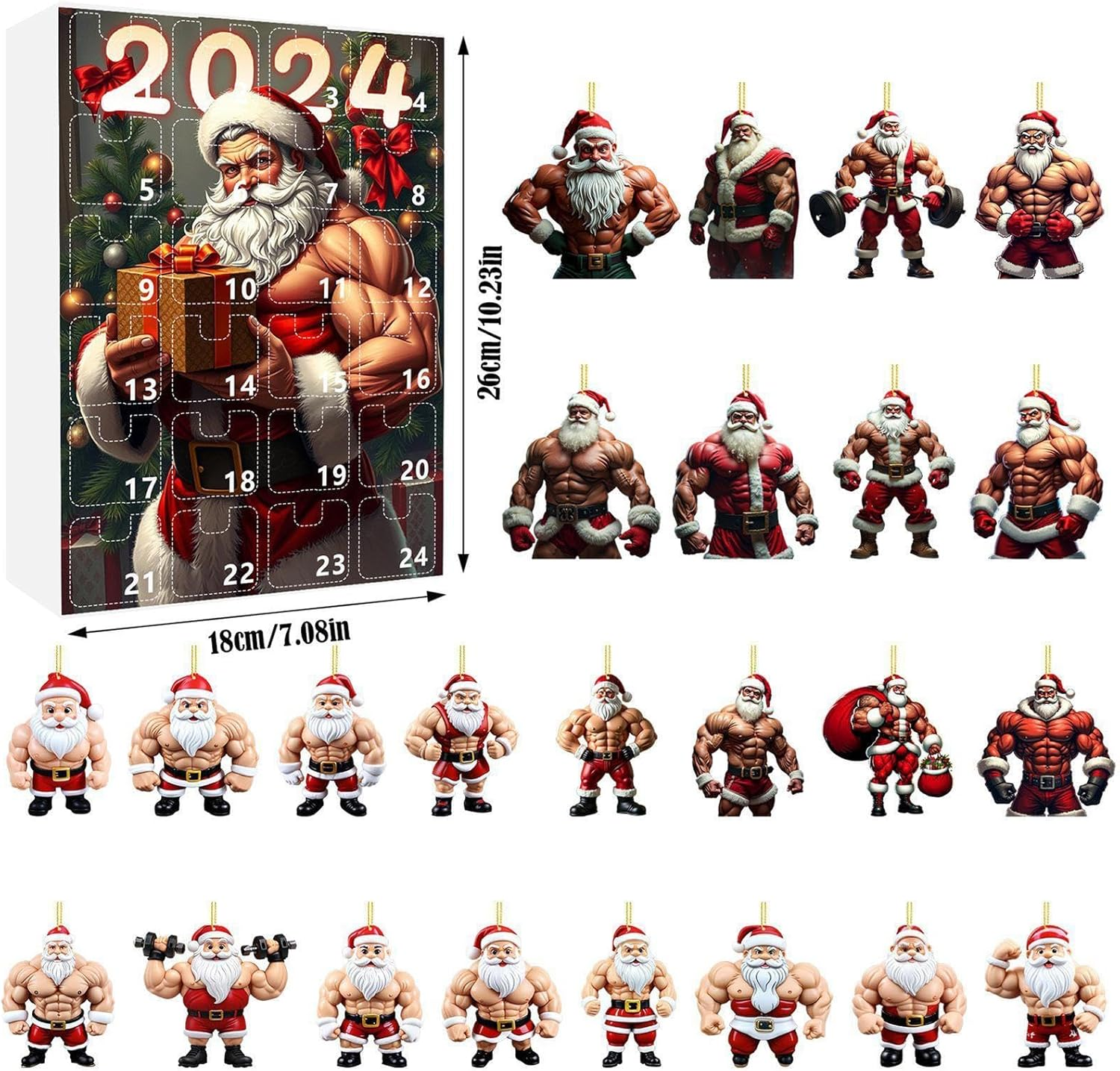 Muscle Set, 2024, Flat Acrylic Pendants, Christmas Tree Decorations, 24X Countdown Ornaments, Festive Holiday Decor, Unique for Christmas Tree