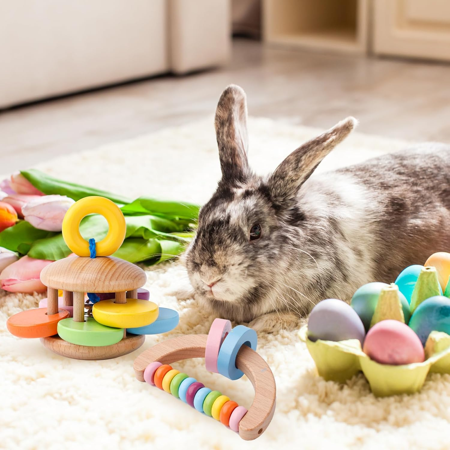 Gosknor 4 X Wooden Rabbit Toys, 4 Styles Wooden Chew Toys, Teething Rattle for Guinea Pigs Wooden Rattles for Small Animals image number 1