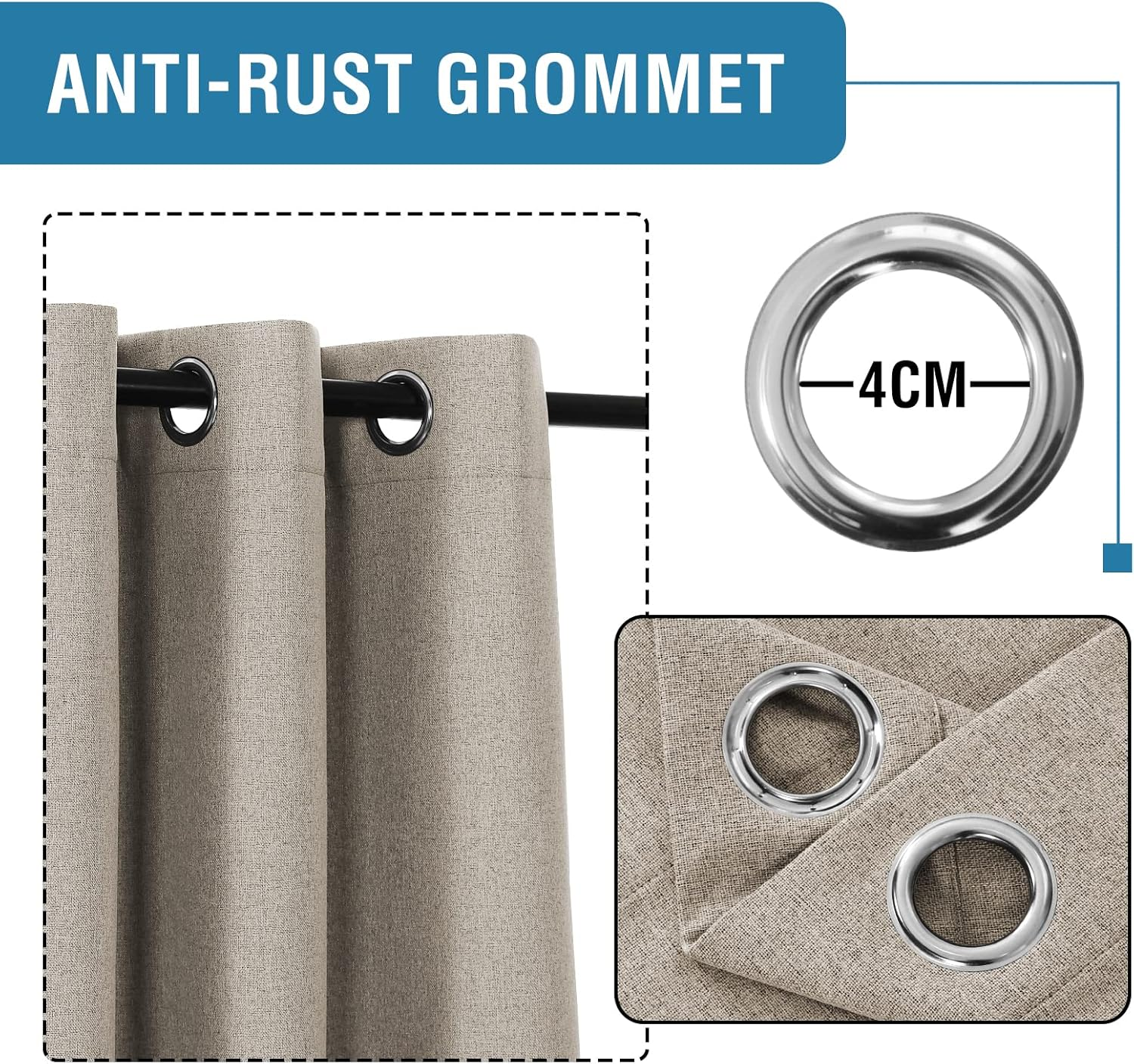 H.VERSAILTEX 100% Blackout Linen Curtains Thermal Curtains for Living Room Textured Burlap Curtain with Double Face Linen Grommet Soundproof Curtains Each W132Cm X D243Cm, 2 Panels -Heather Taupe image number 3