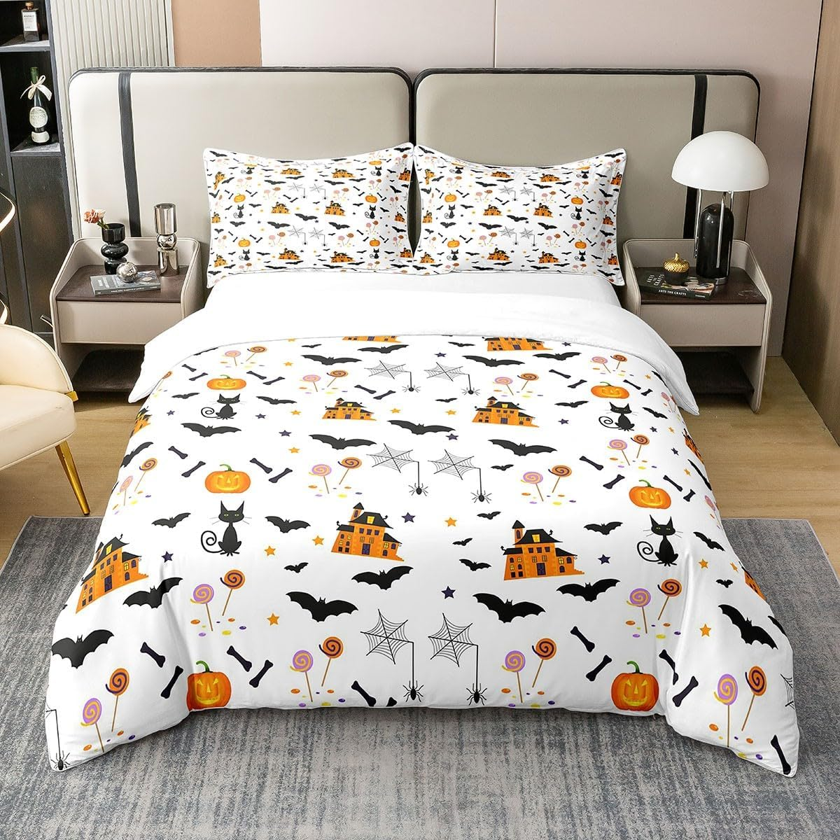 Halloween Pumpkin 100% Cotton Duvet Cover 155 X 220 Cm, Teens Black Cat Skeleton Bone Bed Linen, Bat Spider Web Castle Star Comforter Cover, Christmas Candy Cane Quilt Cover, White Orange image number 6