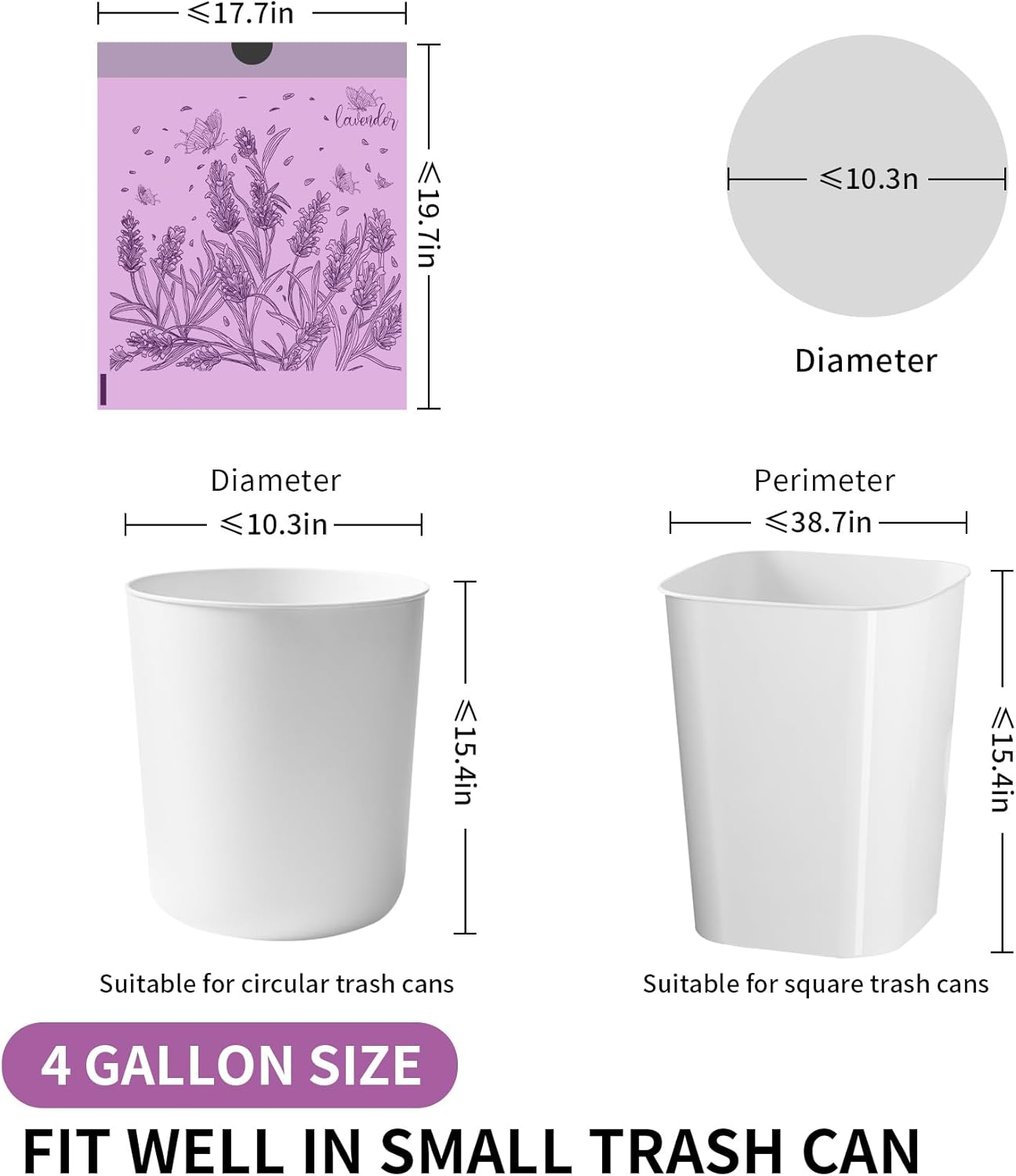 4 Gallon Trash Bags Drawstring, Colorful & Portable Small Trash Bags with Lavender Printed, Tear-Resistant Garbage Bags 4 Gallon for Bathroom Office Trash Cans, 50 Counts 1.5 Liter image number 4