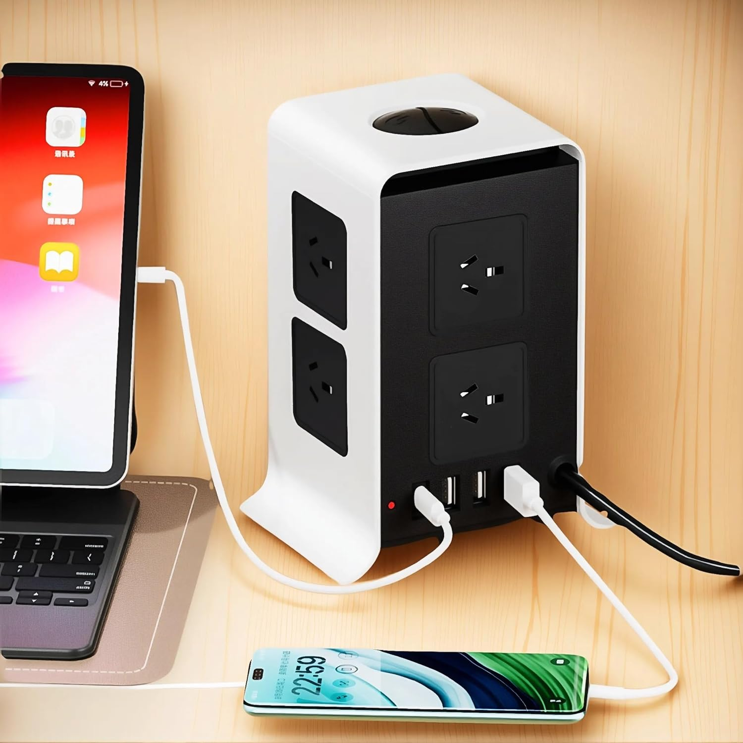 Tower Power Board, Power Strip with 8 AC Outlets and 4 USB Ports(1 USB C), 1050J Surge Protected, 2400W Multiplug Charging Station, 2 M Extension Cord for Home, Office, School image number 3