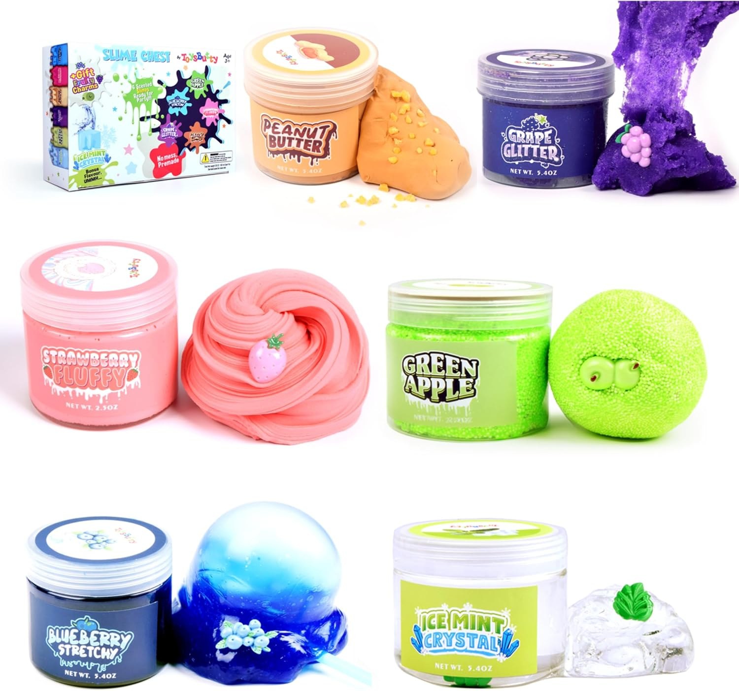 Toysbutty Make Slime Kit for Girls Boys, 6 Pack Different Scented & Premade Slime in 28 Oz Containers with Fruit Charms, Fluffy, Glitter, Butter, Green, Clear Crystal Slime, Art & Crafts Toys for Kids image number 5