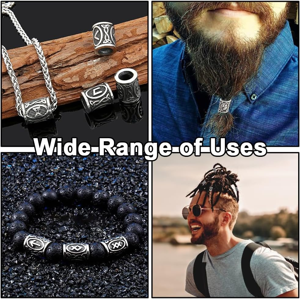 24 Piece Beard Beads Set Viking, Viking Rune Beard Beads with 6 Pull Hairpin Quick Beader and 200 Rubber Bands, Nordic Hair Tube Beads, Beard Jewellery Men for Bracelet Necklace DIY Pendant image number 3