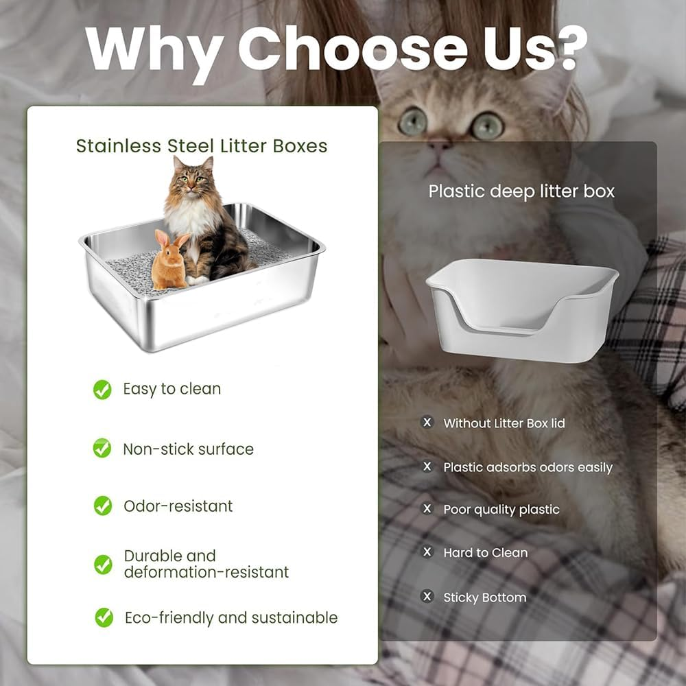 Stainless Steel Cat Litter Box,15.8 X 11.8 X 3.94 in Metal High-Sided Litter Pan, Non-Stick & Odor-Free, Easy to Clean Indoor Pet Toilet for Cats, Kittens & Rabbits image number 6