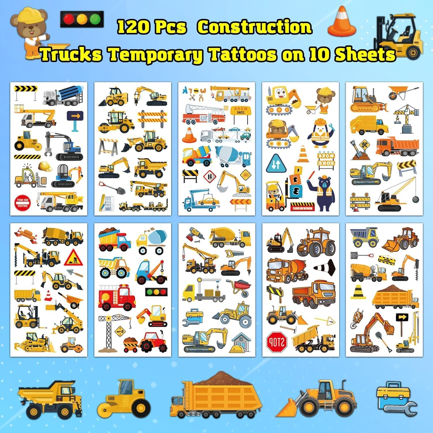 10 Sheets Construction Trucks Temporary Tattoo for Kids, 120 Pcs Vehicles Fake Tattoos for Boys Party Favors, Cars Birthday Supplies Decorations image number 4