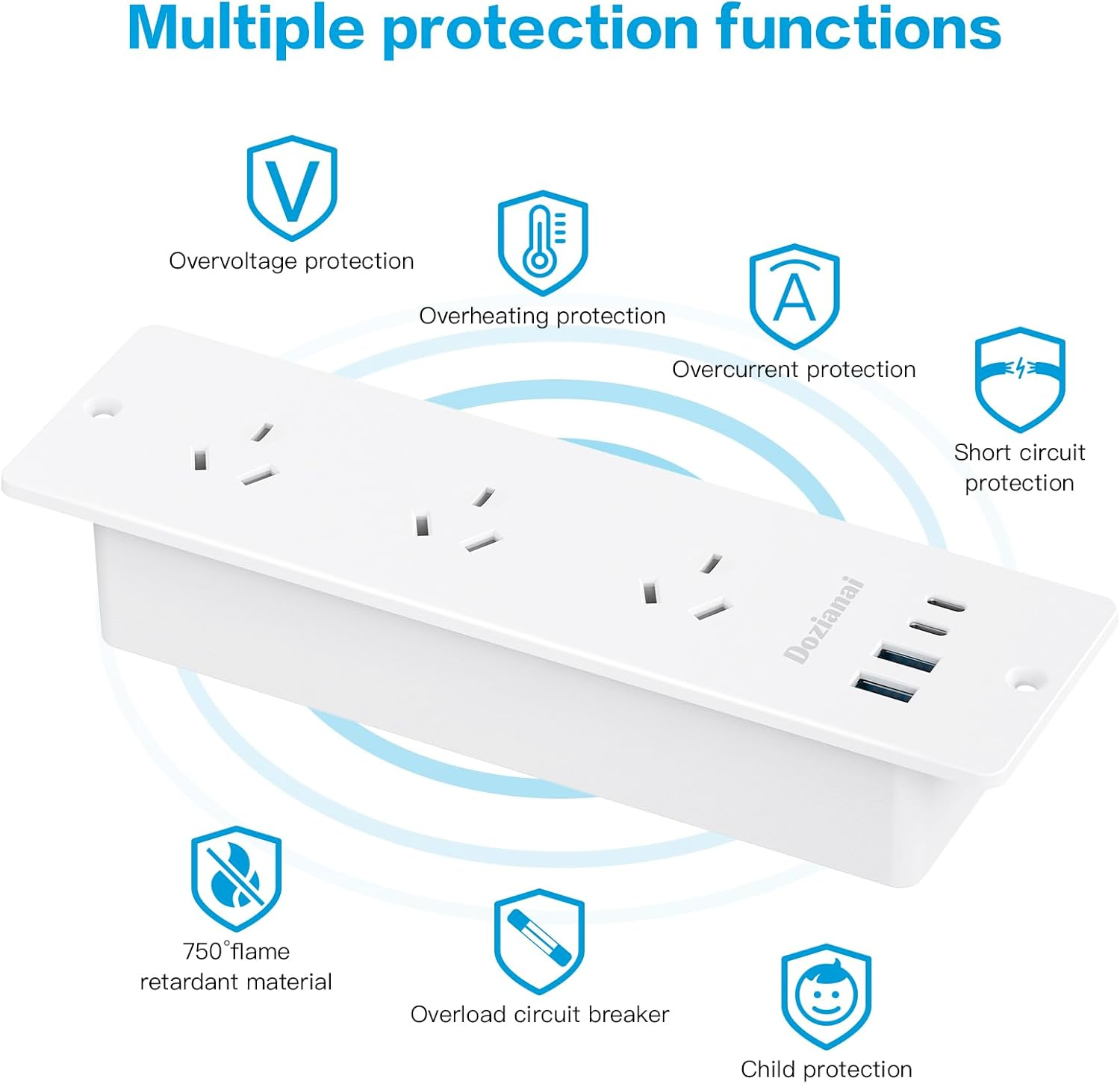 Recessed Power Board with 3 Outlets 4 USB Ports (2&times;USB-C, 2&times;USB-A), 10A/2400W, 2M Extension Cord, Space-Saving Drawer Outlet Flush Mount Power Strip for Desk, Home Office (White) image number 4